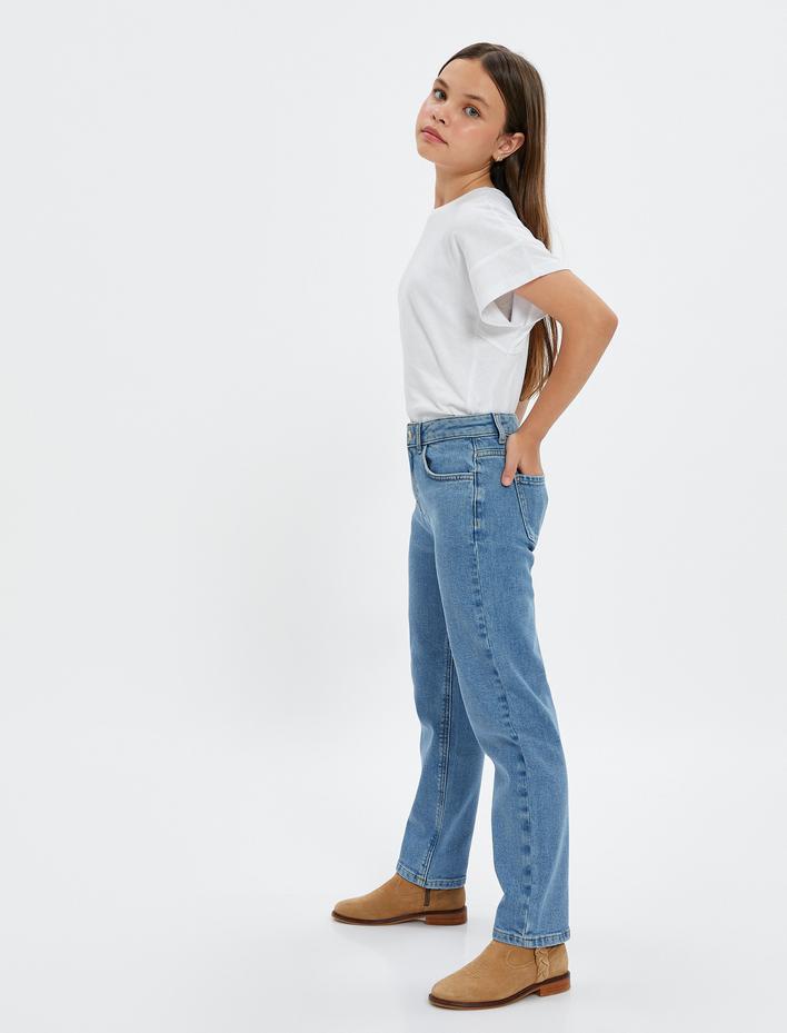 Kız Çocuk Kot Pantolon Rahat Kesim Beli Lastikli - Mom Jean