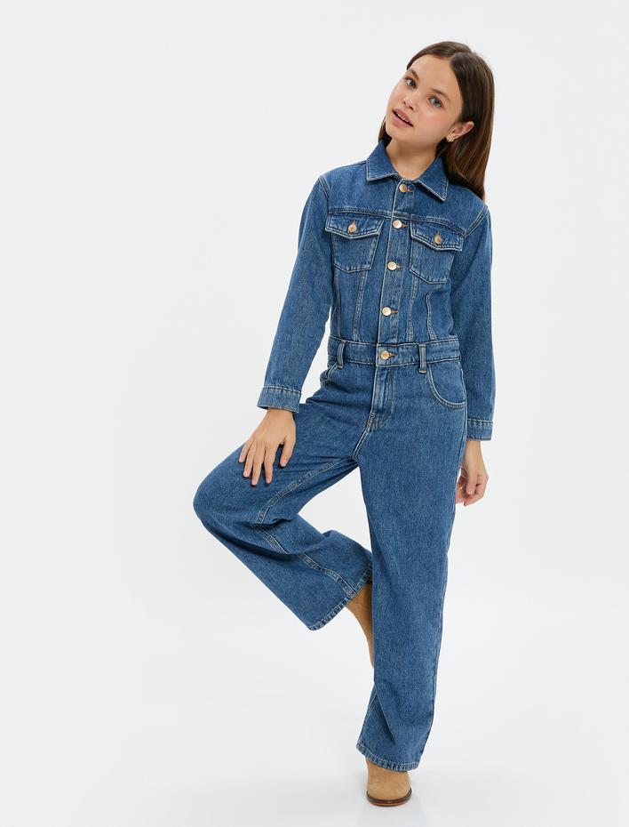 Kız Çocuk Kot Tulum Cep Detaylı Düğme Kapamalı Rahat Kesim