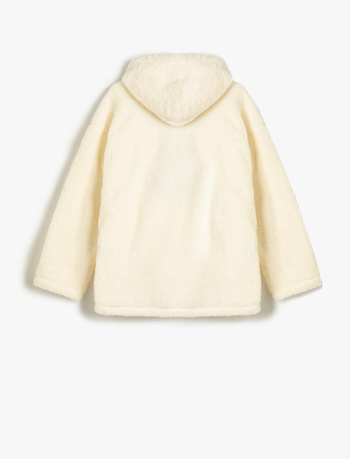  Kapşonlu Peluş Sweatshirt Yarım Fermuar Detaylı Kanguru Cepli İşlemeli