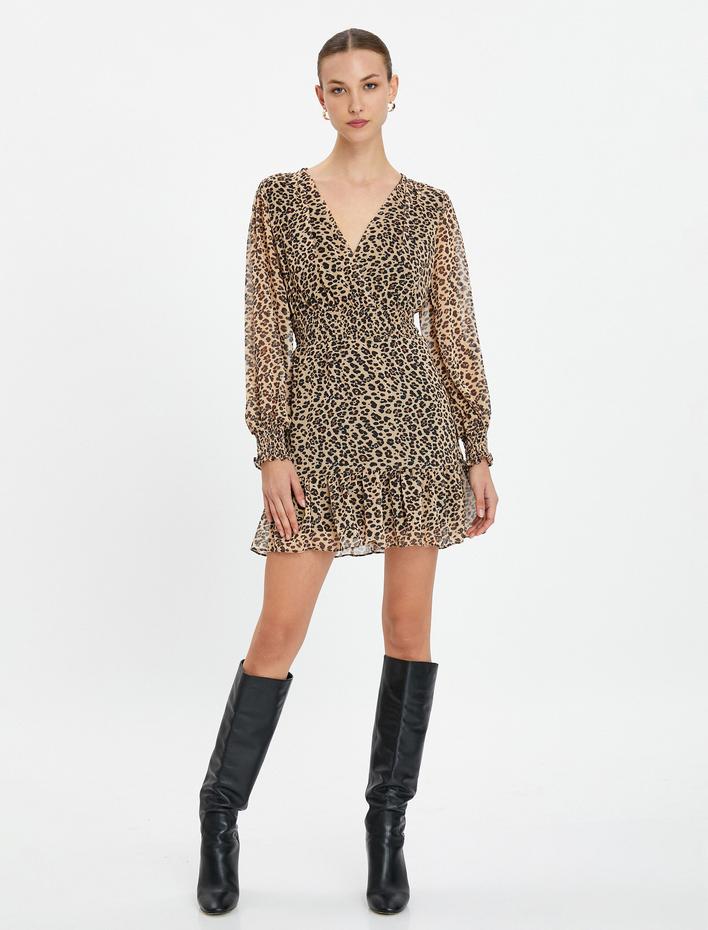  Şifon Elbise Leopar Desenli Balon Kollu V Yaka