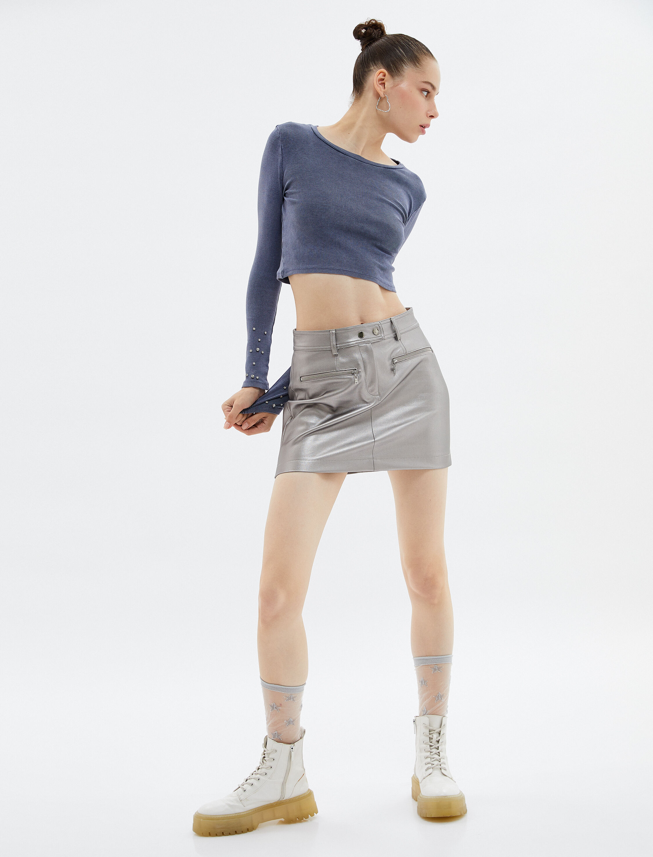   Taşlı Crop Tişört Uzun Kollu Bisiklet Yaka Kaşkorse Yıkamalı