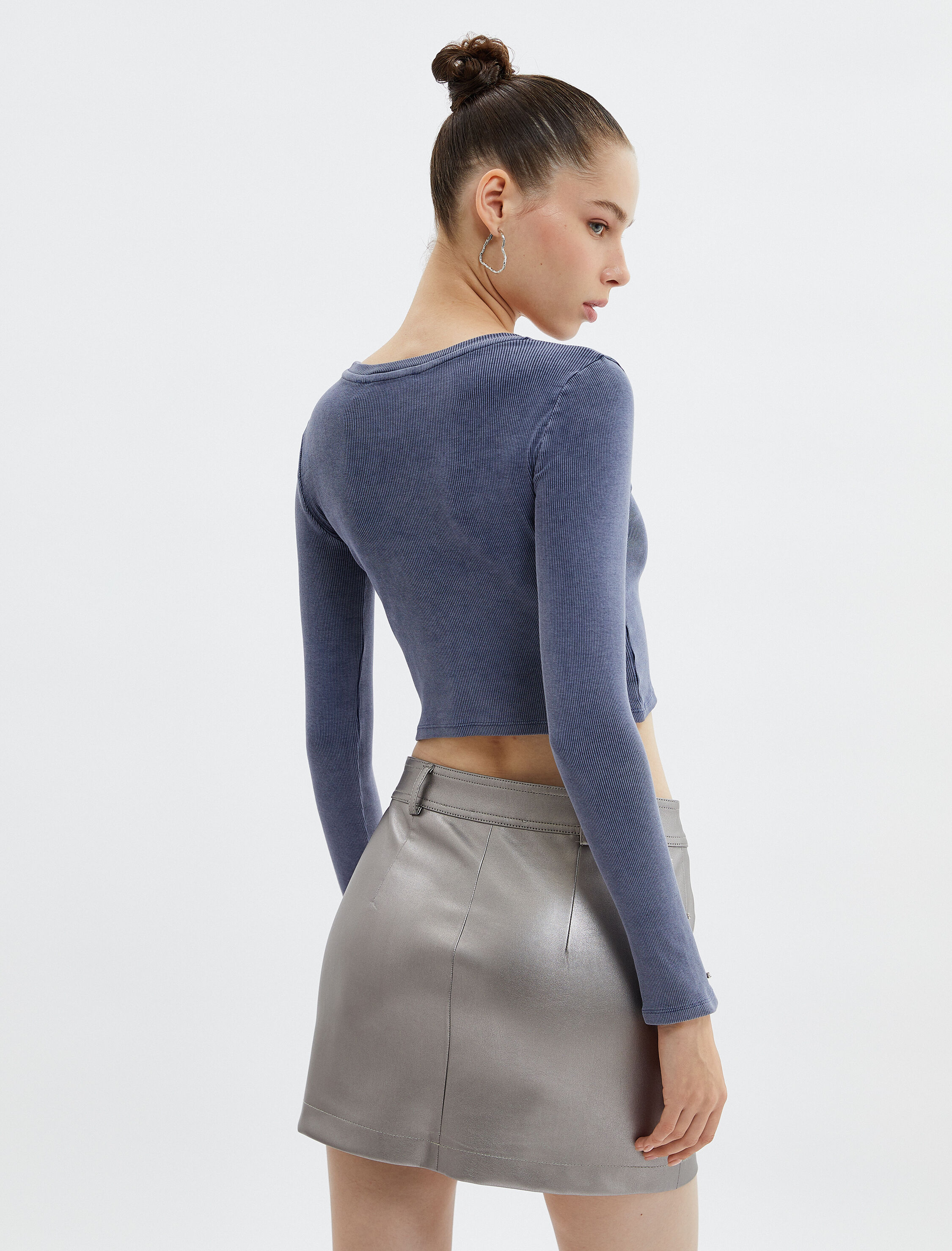   Taşlı Crop Tişört Uzun Kollu Bisiklet Yaka Kaşkorse Yıkamalı