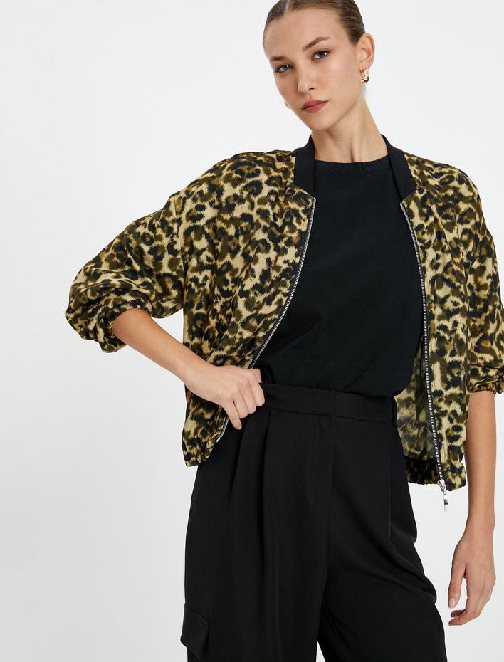  Bomber Ceket Leopar Desenli Fermuarlı Cep Detaylı