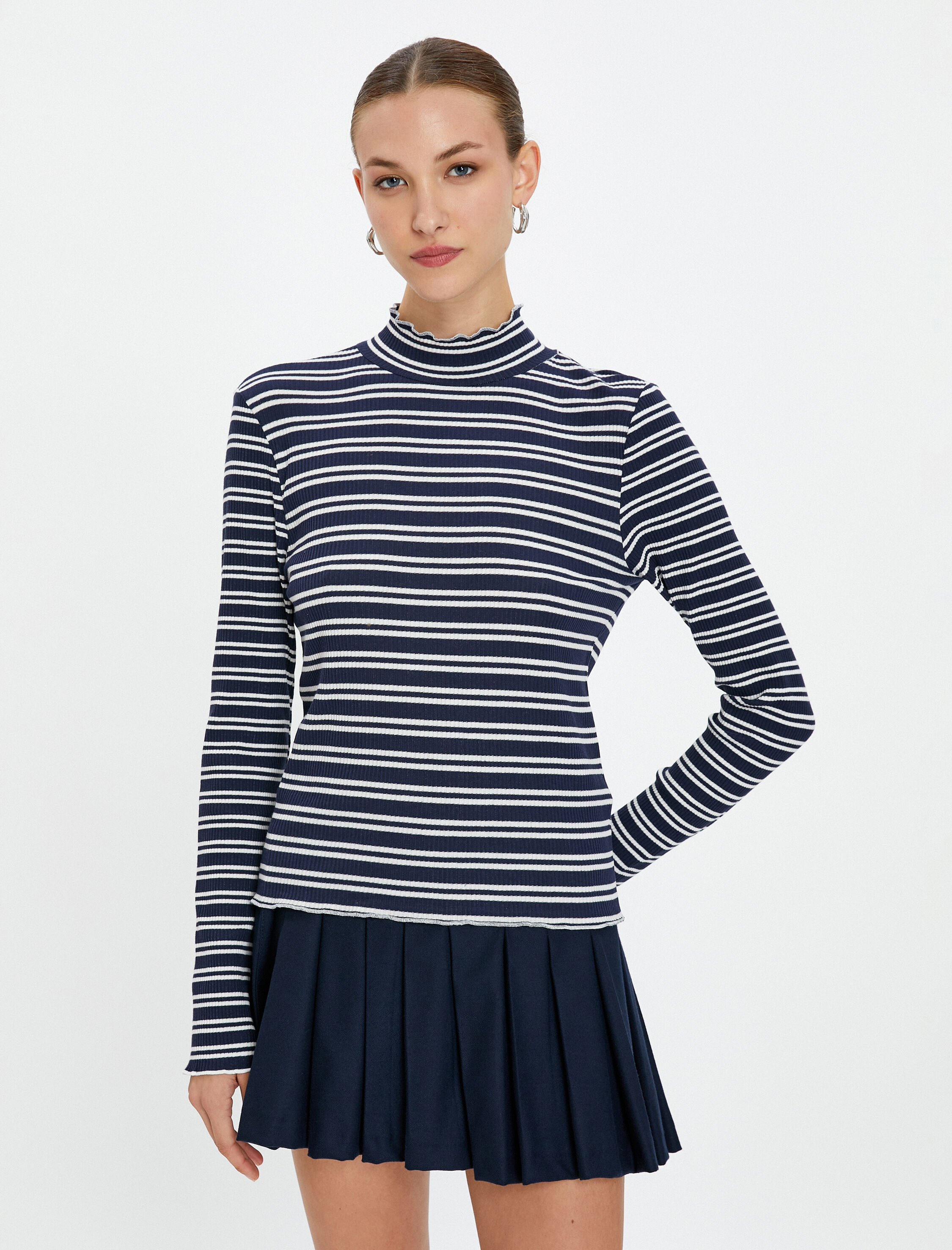   Uzun Kollu Tişört Dik Yaka Pamuklu Fitilli