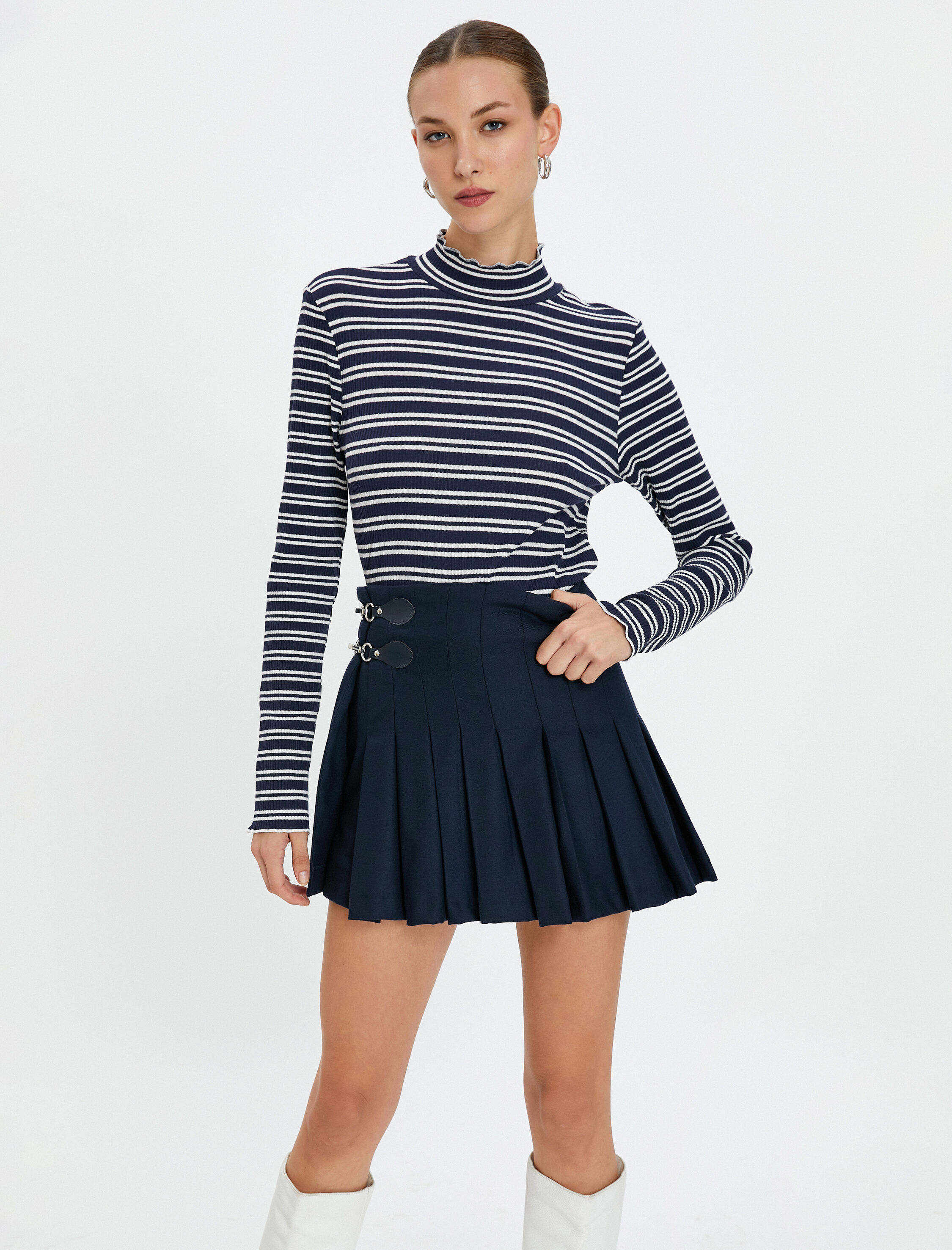   Uzun Kollu Tişört Dik Yaka Pamuklu Fitilli