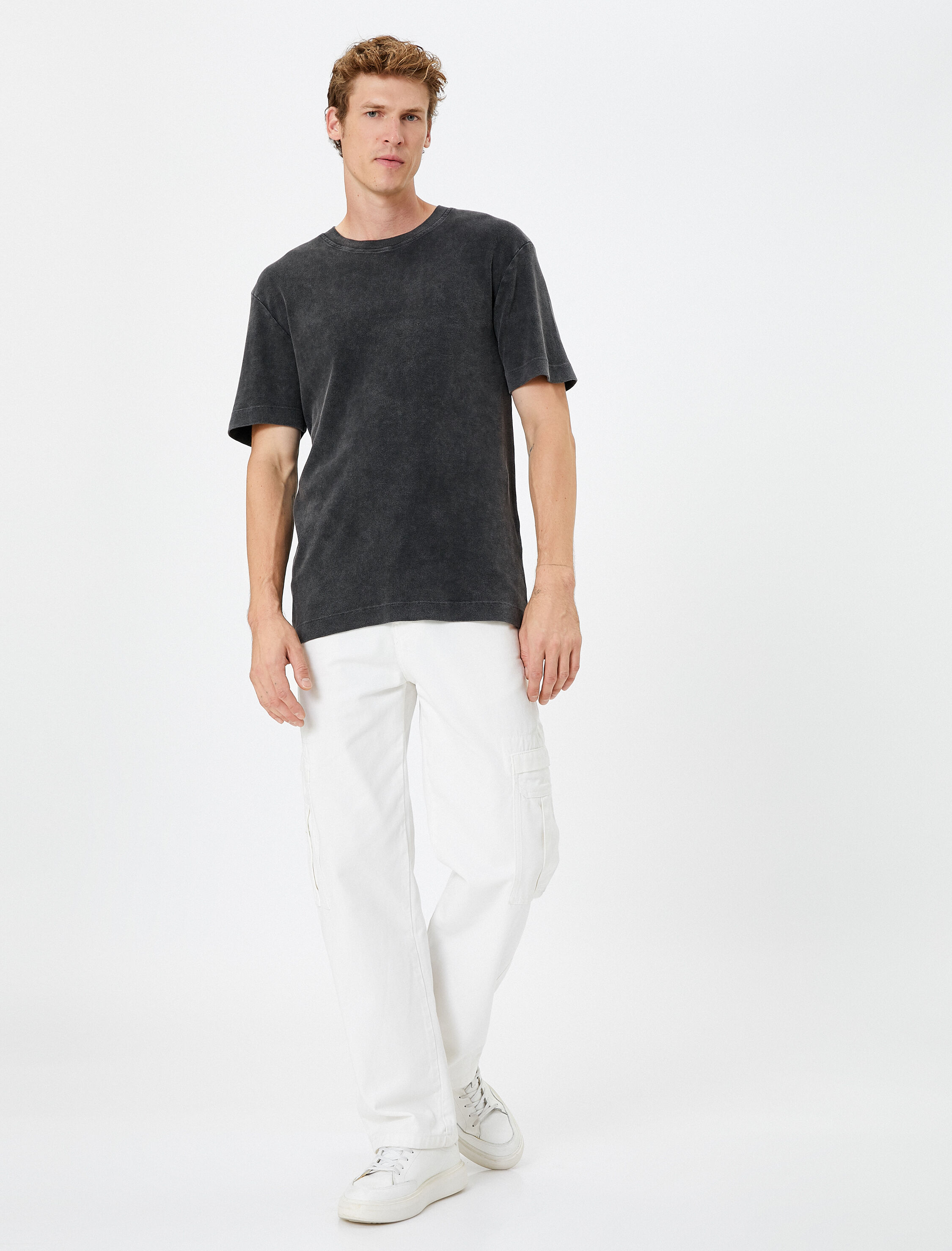   Yıkamalı Tişört Basic Bisiklet Yaka Slim Fit Kısa Kollu