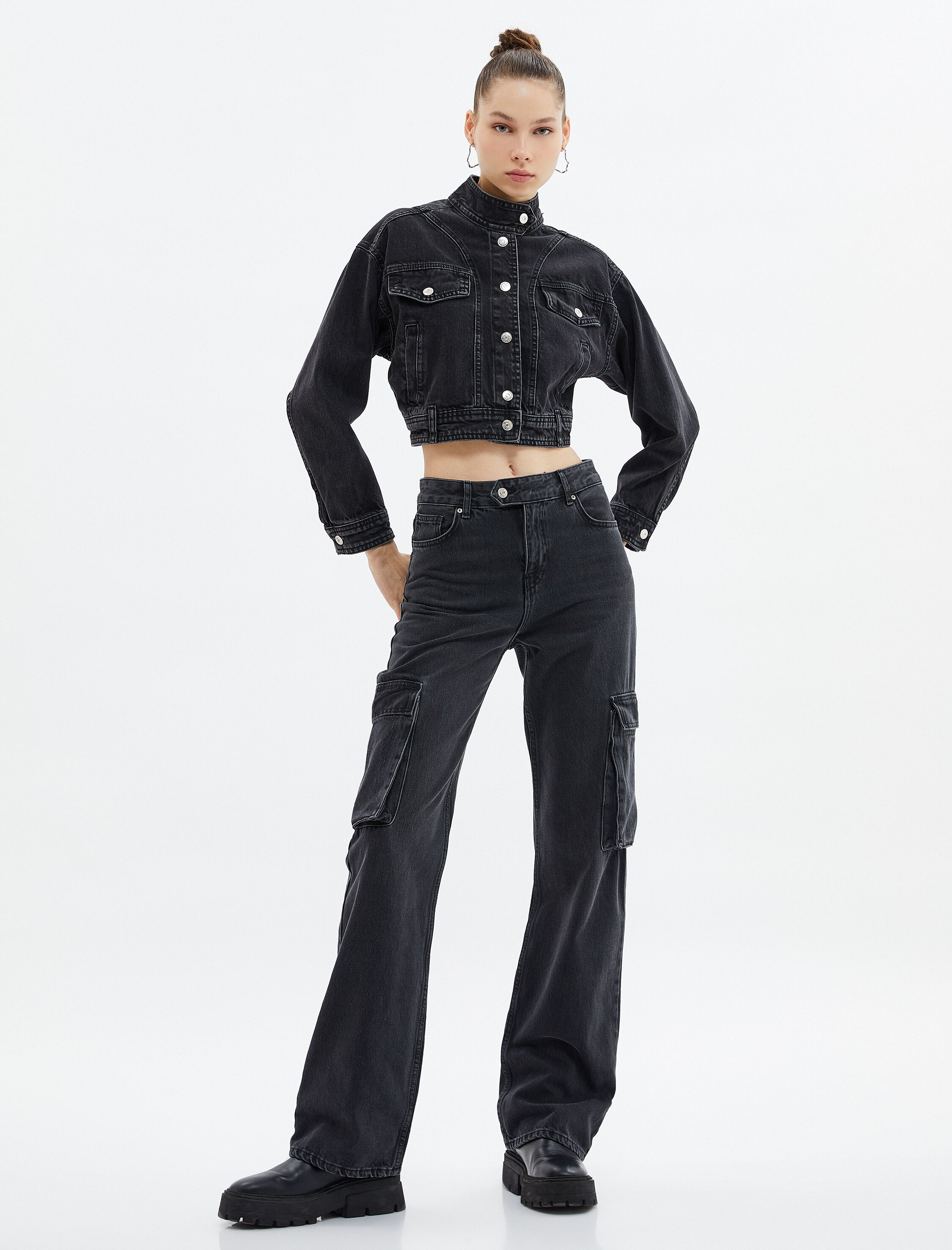   Crop Kot Ceket Hakim Yaka Düğmeli Kapaklı Cepli Pamuklu