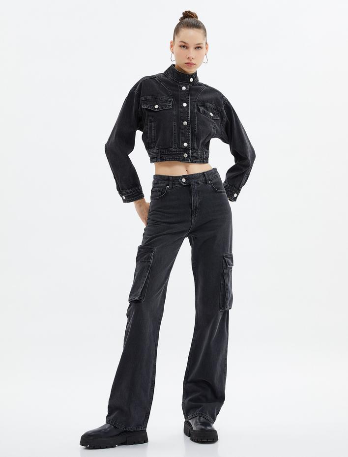  Crop Kot Ceket Hakim Yaka Düğmeli Kapaklı Cepli Pamuklu