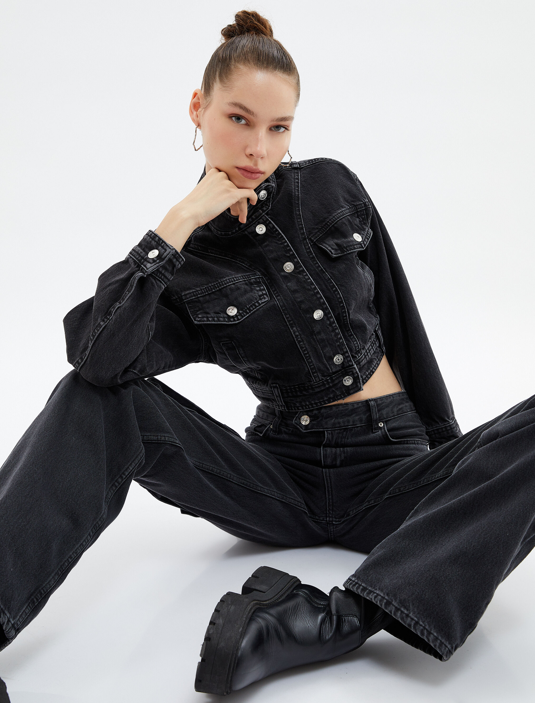   Crop Kot Ceket Hakim Yaka Düğmeli Kapaklı Cepli Pamuklu