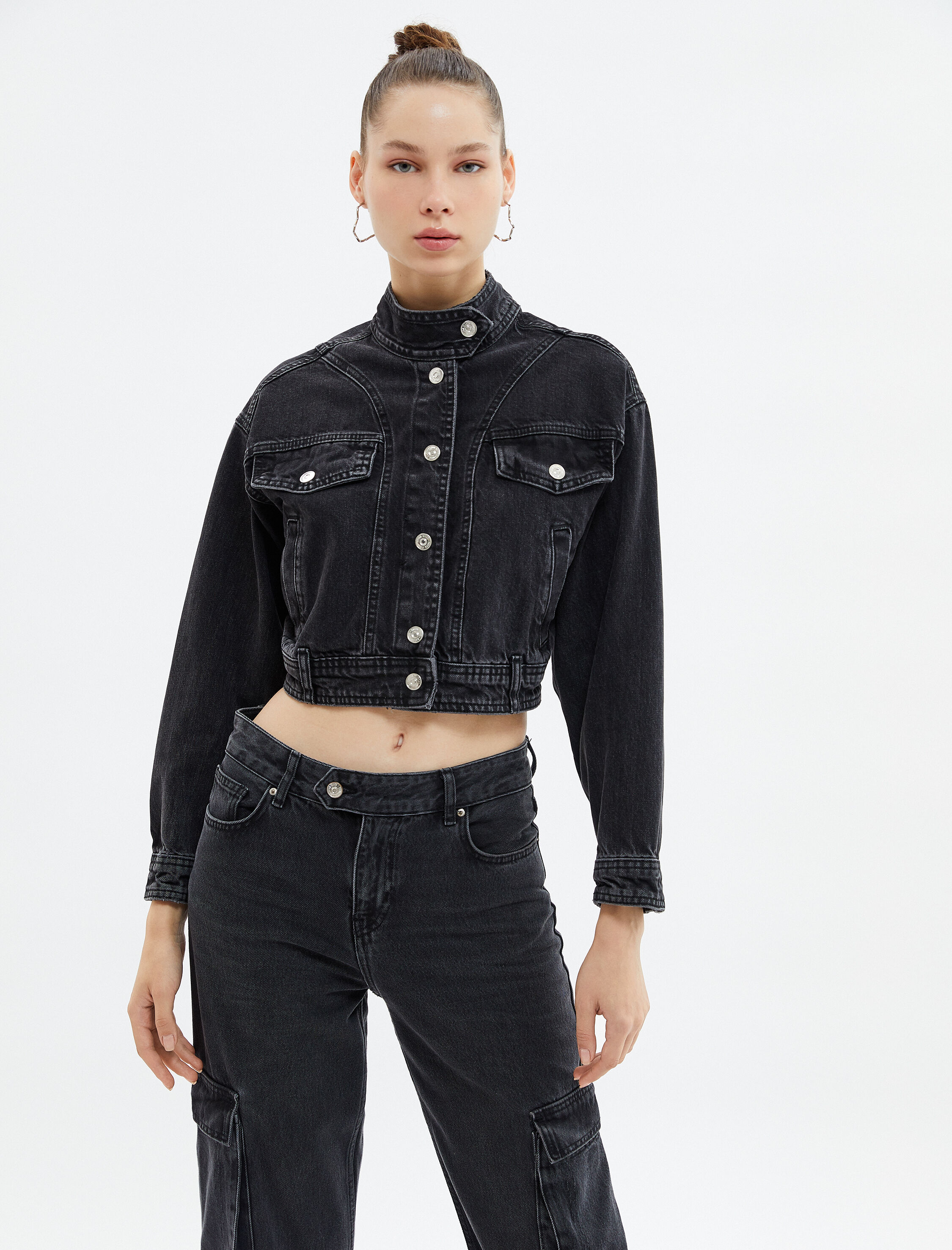   Crop Kot Ceket Hakim Yaka Düğmeli Kapaklı Cepli Pamuklu