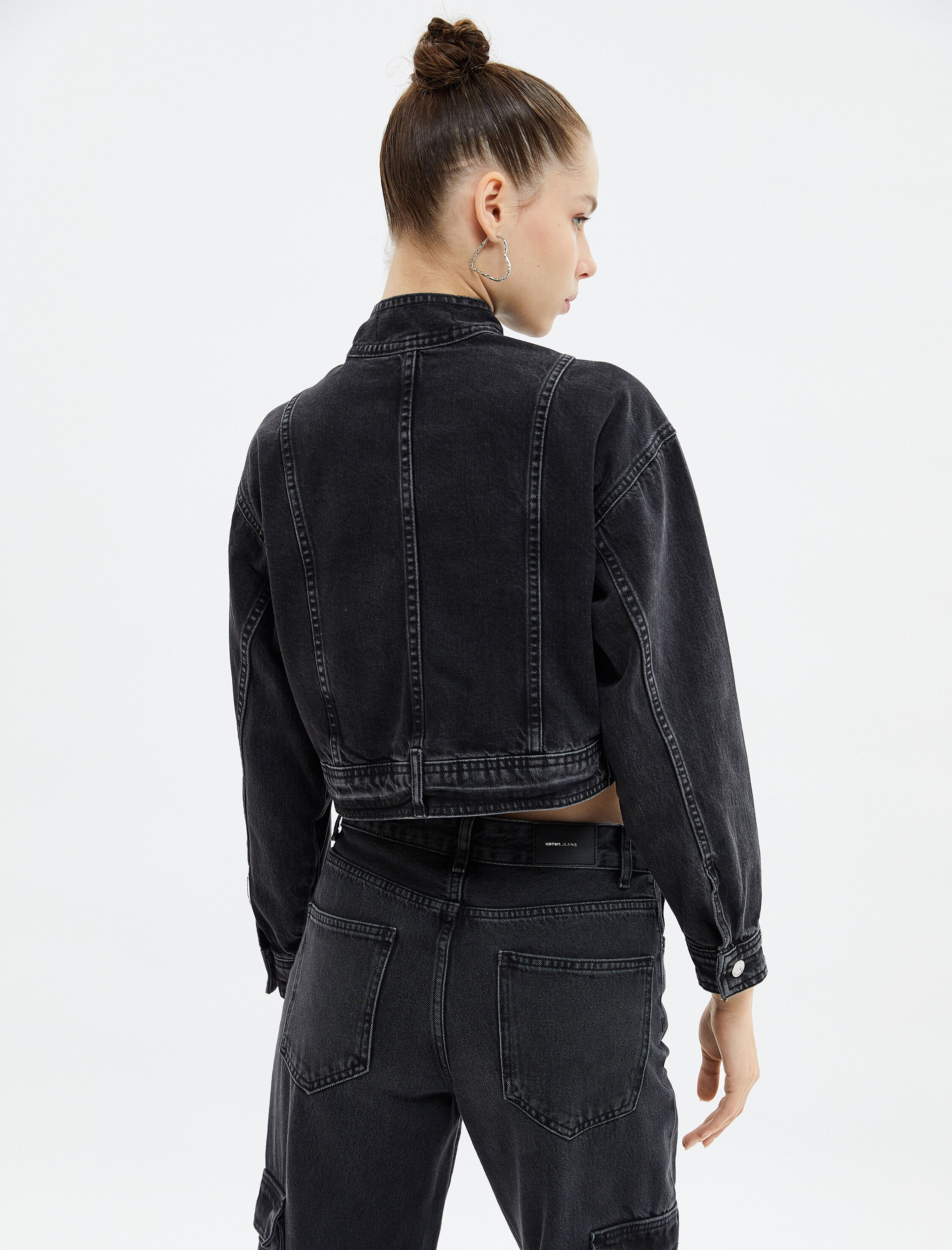   Crop Kot Ceket Hakim Yaka Düğmeli Kapaklı Cepli Pamuklu