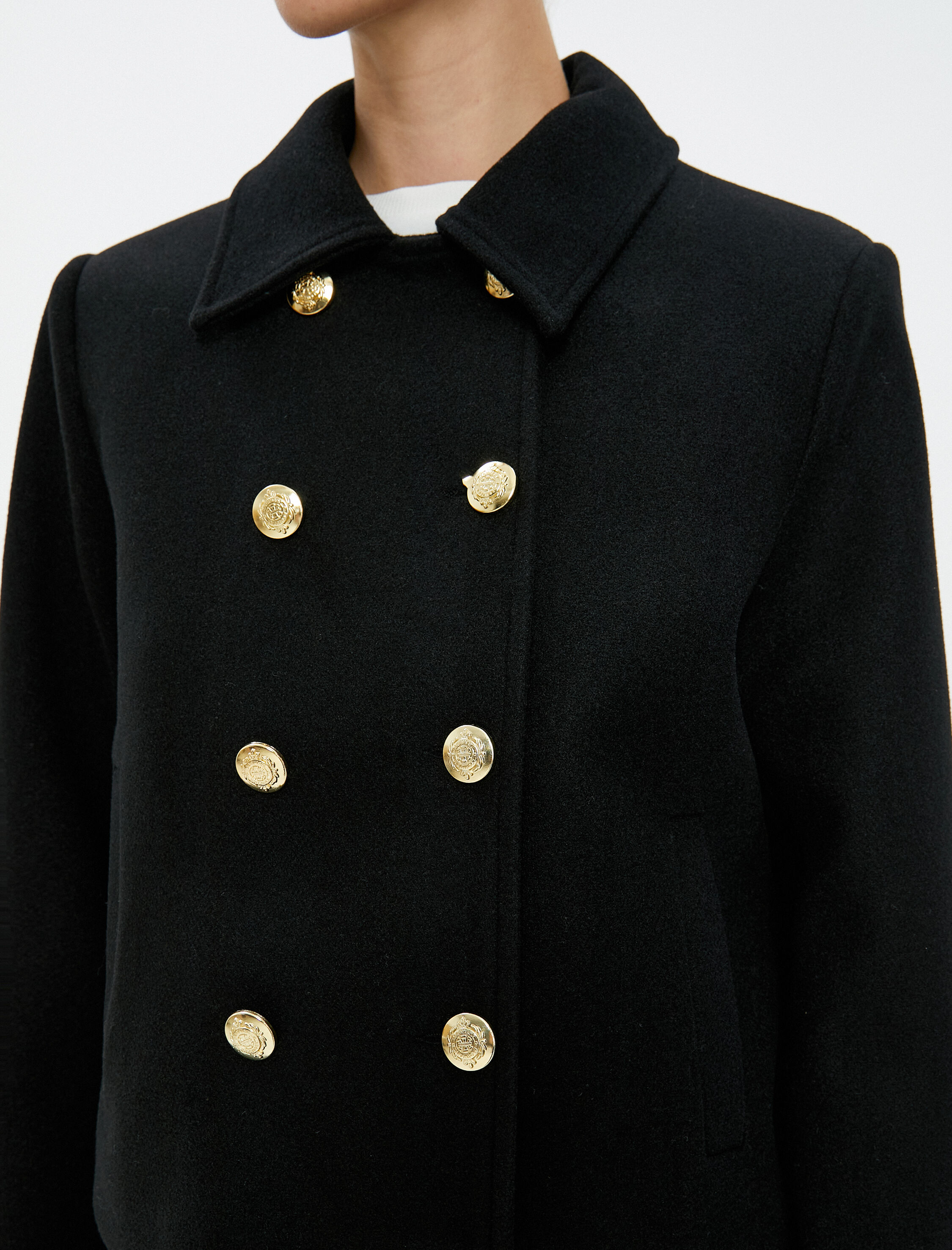   Kısa Kaşe Kaban Gold Düğmeli Kruvaze Kapama Cep Detaylı