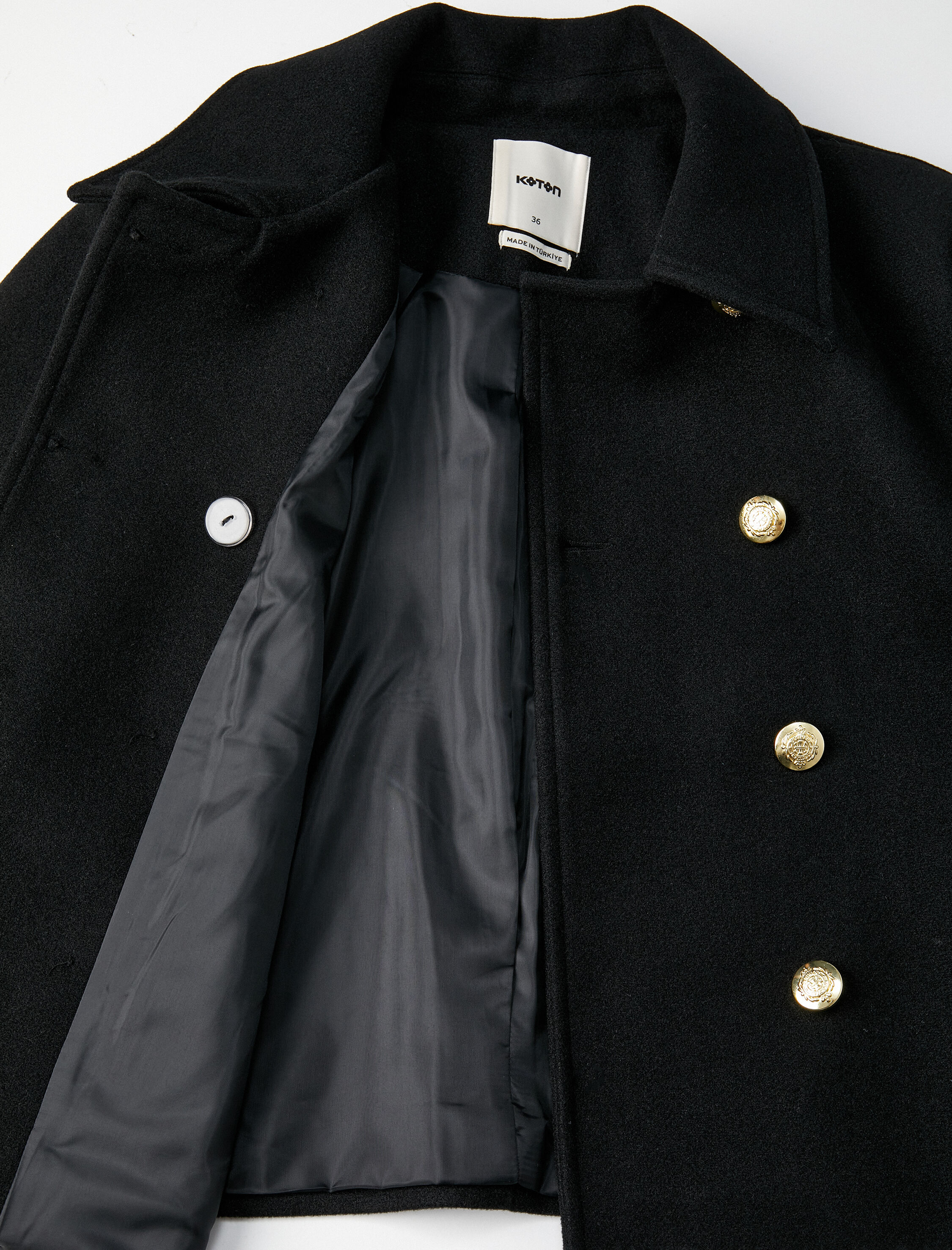   Kısa Kaşe Kaban Gold Düğmeli Kruvaze Kapama Cep Detaylı