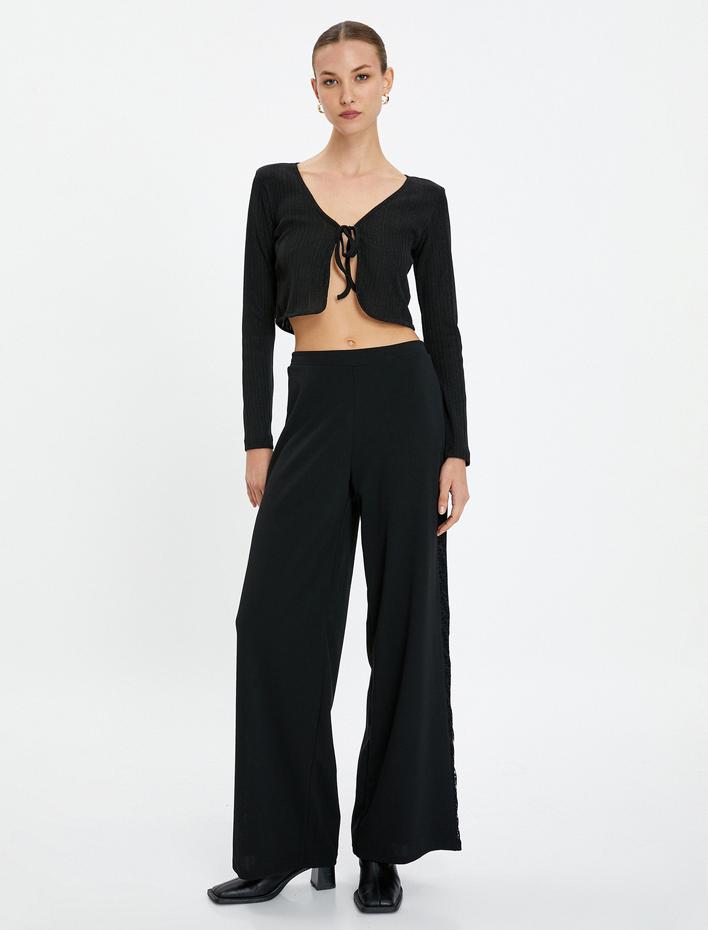  Bol Paça Pantolon Normal Bel Yanları Dantel Detaylı