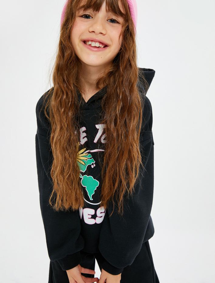 Kız Çocuk Kapşonlu Sweatshirt Uzun Kollu Baskı Detaylı Şardonlu