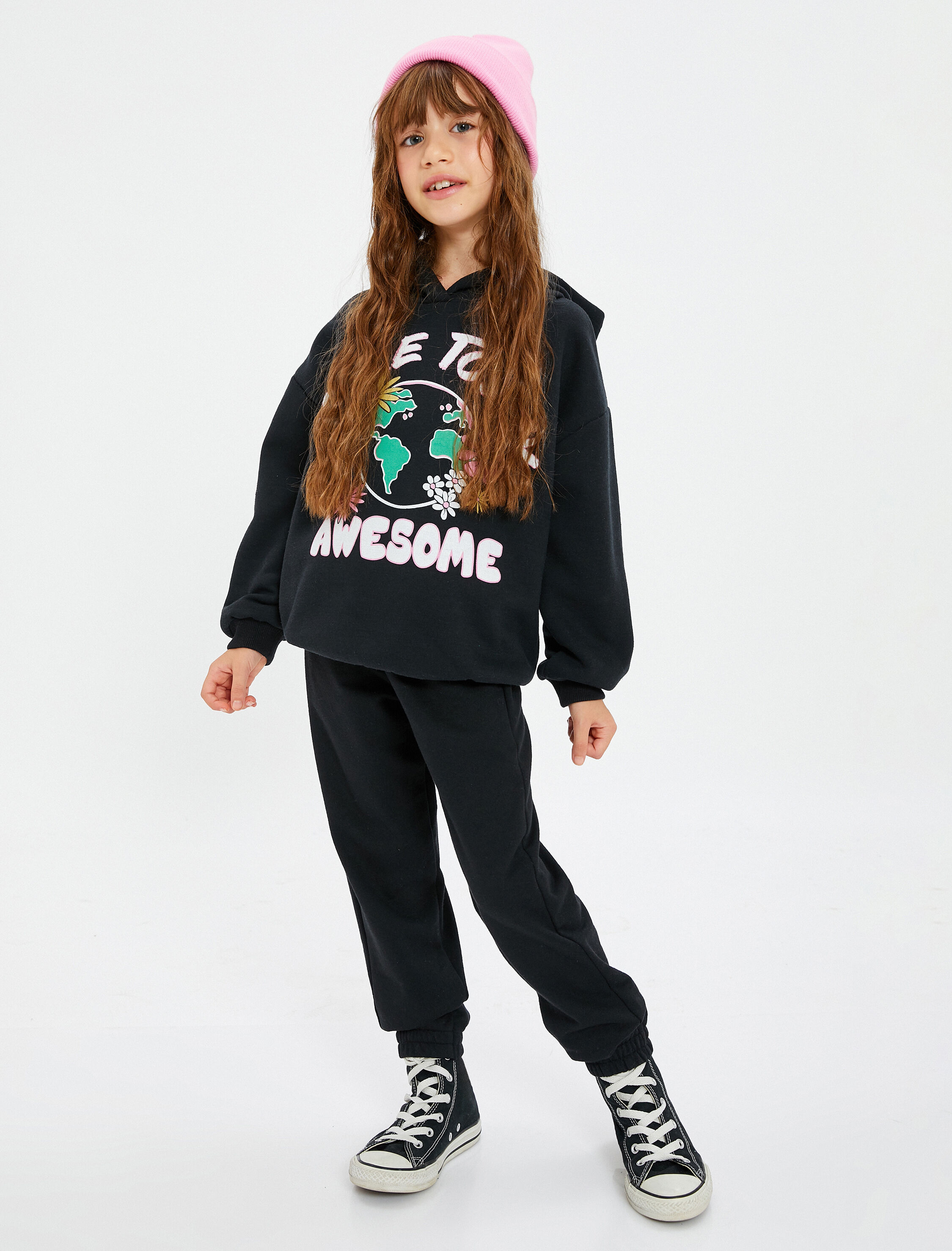  Kız Çocuk Kapşonlu Sweatshirt Uzun Kollu Baskı Detaylı Şardonlu