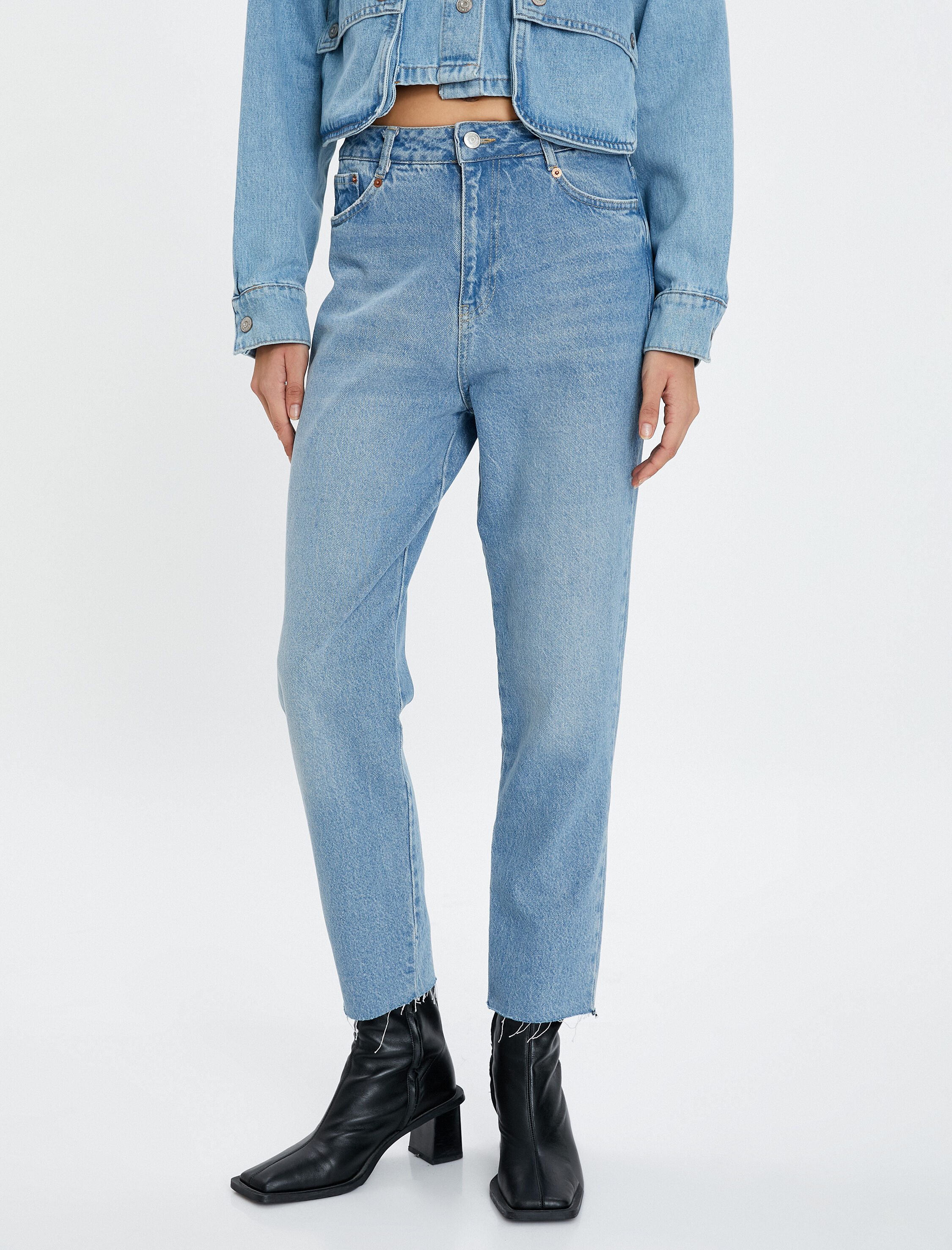   Normal Bel Kot Pantolon Hafif Dar Paça - Mom Jean