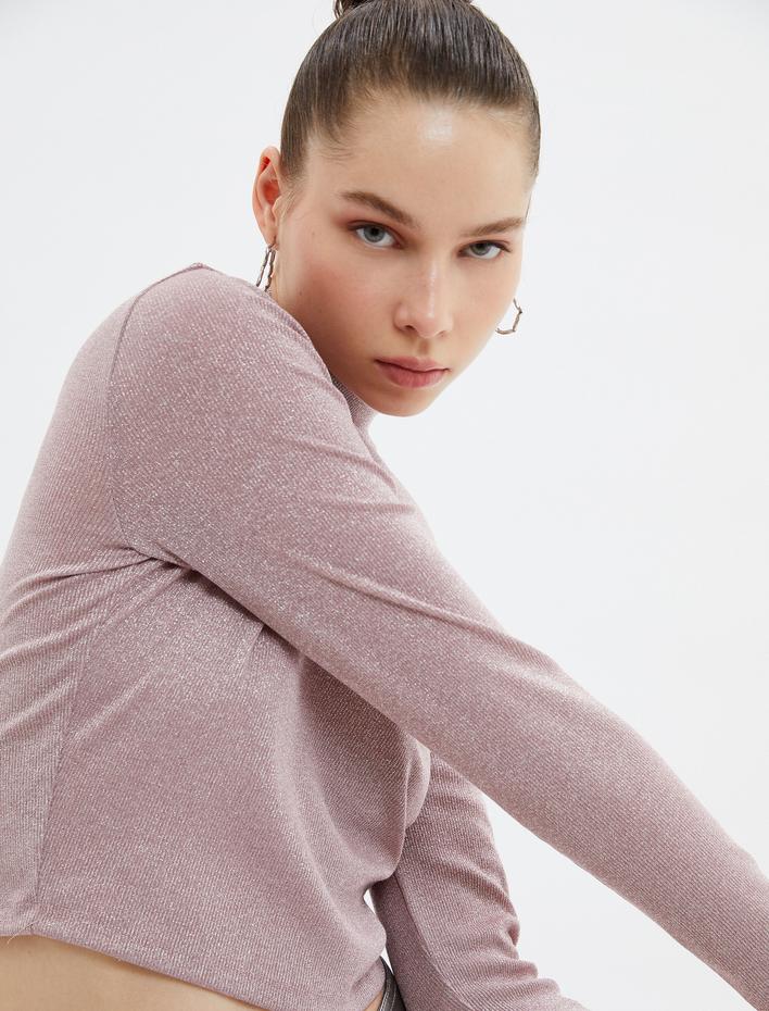  Balıkçı Yaka Tişört Metalik Simli Uzun Kollu Kaşkorse