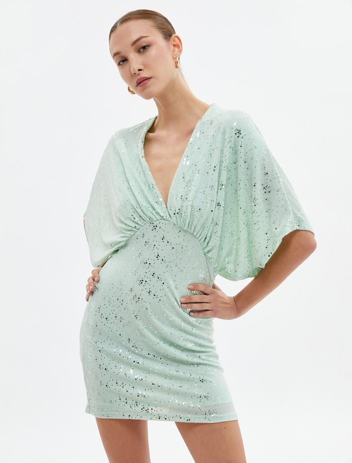  Mini Bodycon Elbise Parıltılı V Yaka Yarasa Kol