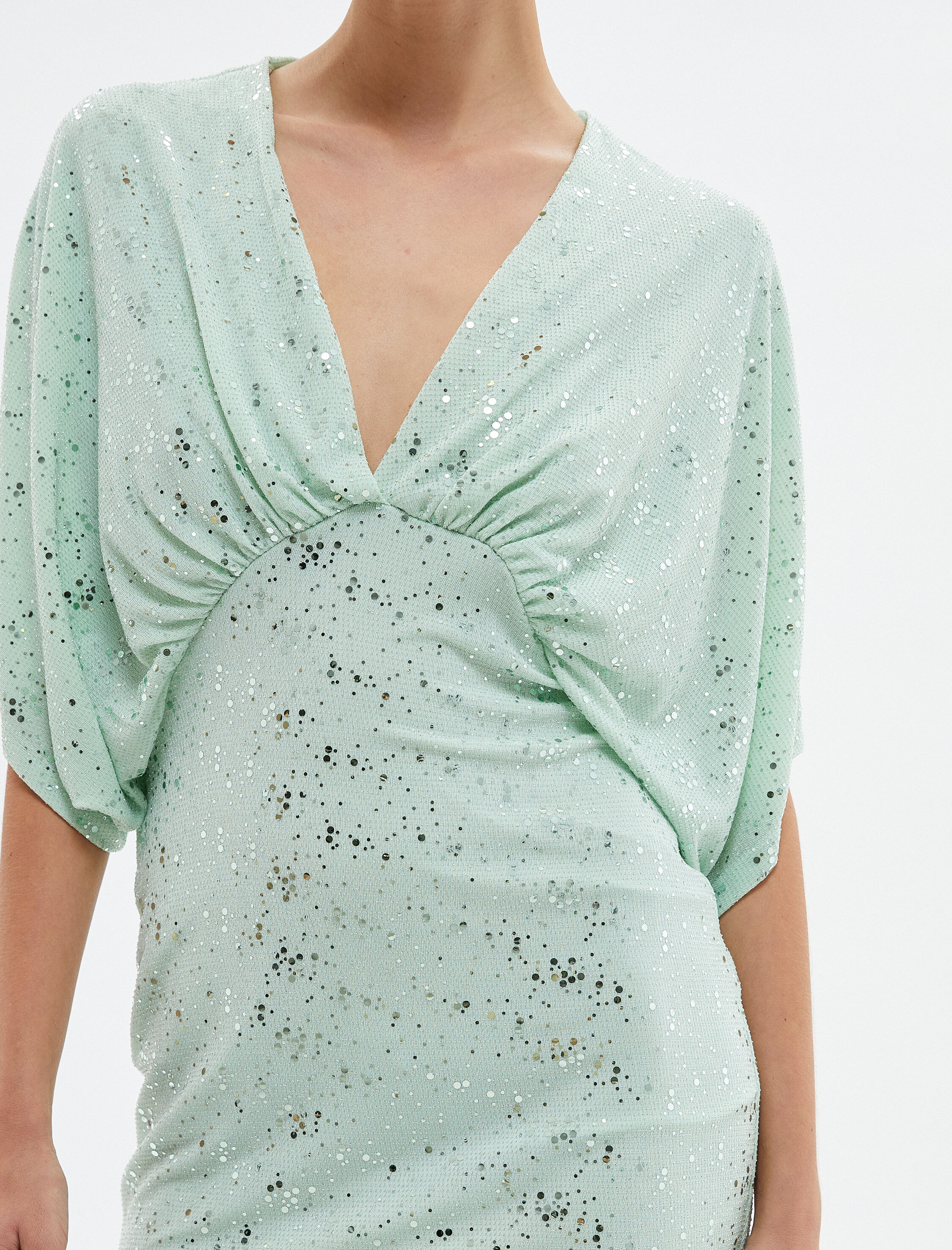 Mini Bodycon Elbise Parıltılı V Yaka Yarasa Kol