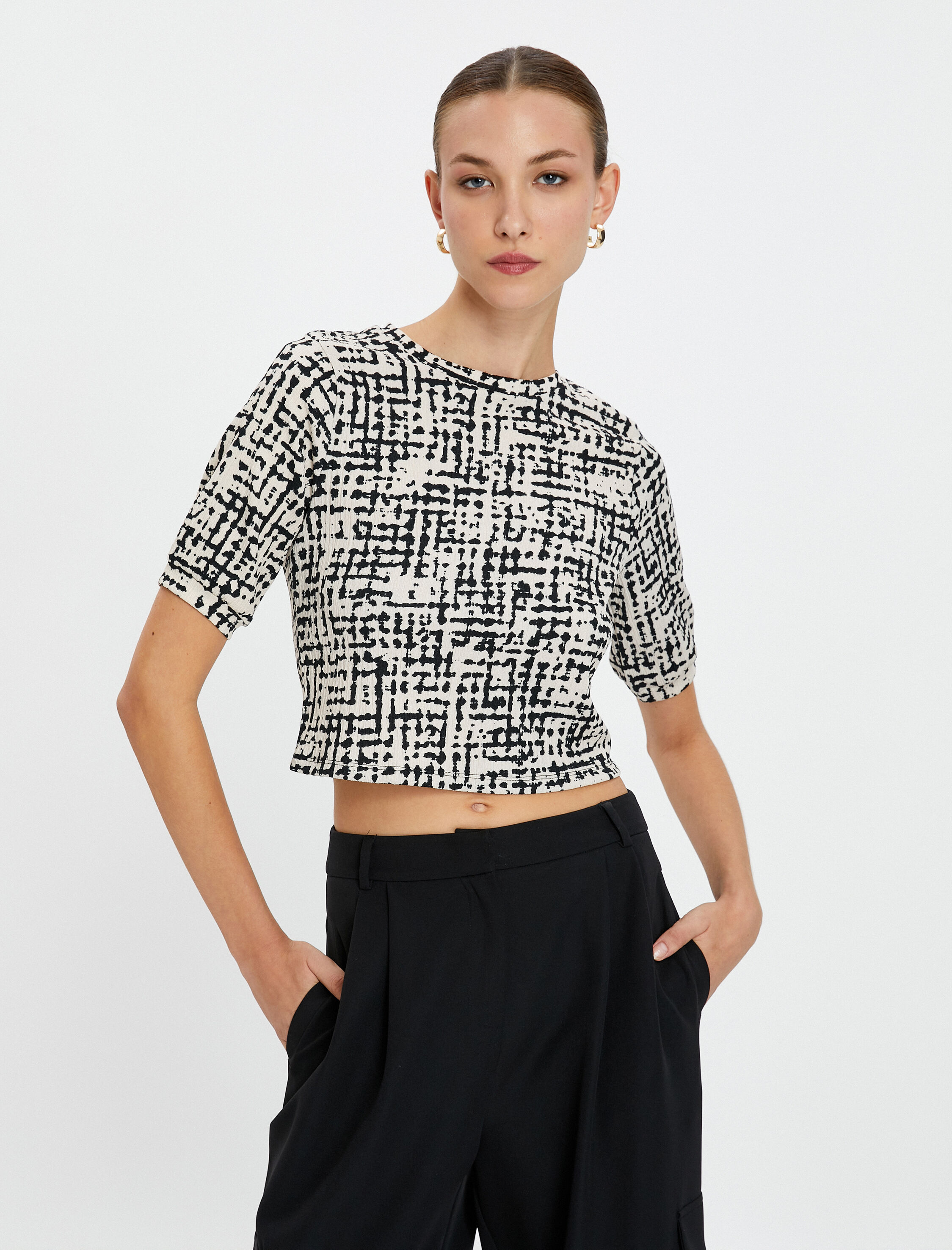   Crop Tişört Kısa Kollu Bisiklet Yaka