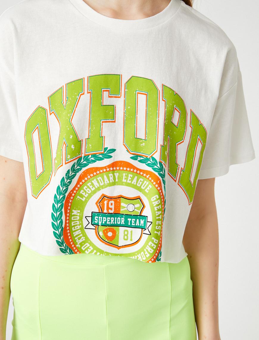   Oversize Kolej Baskılı Kısa Kollu Bisiklet Yaka Crop Tişört