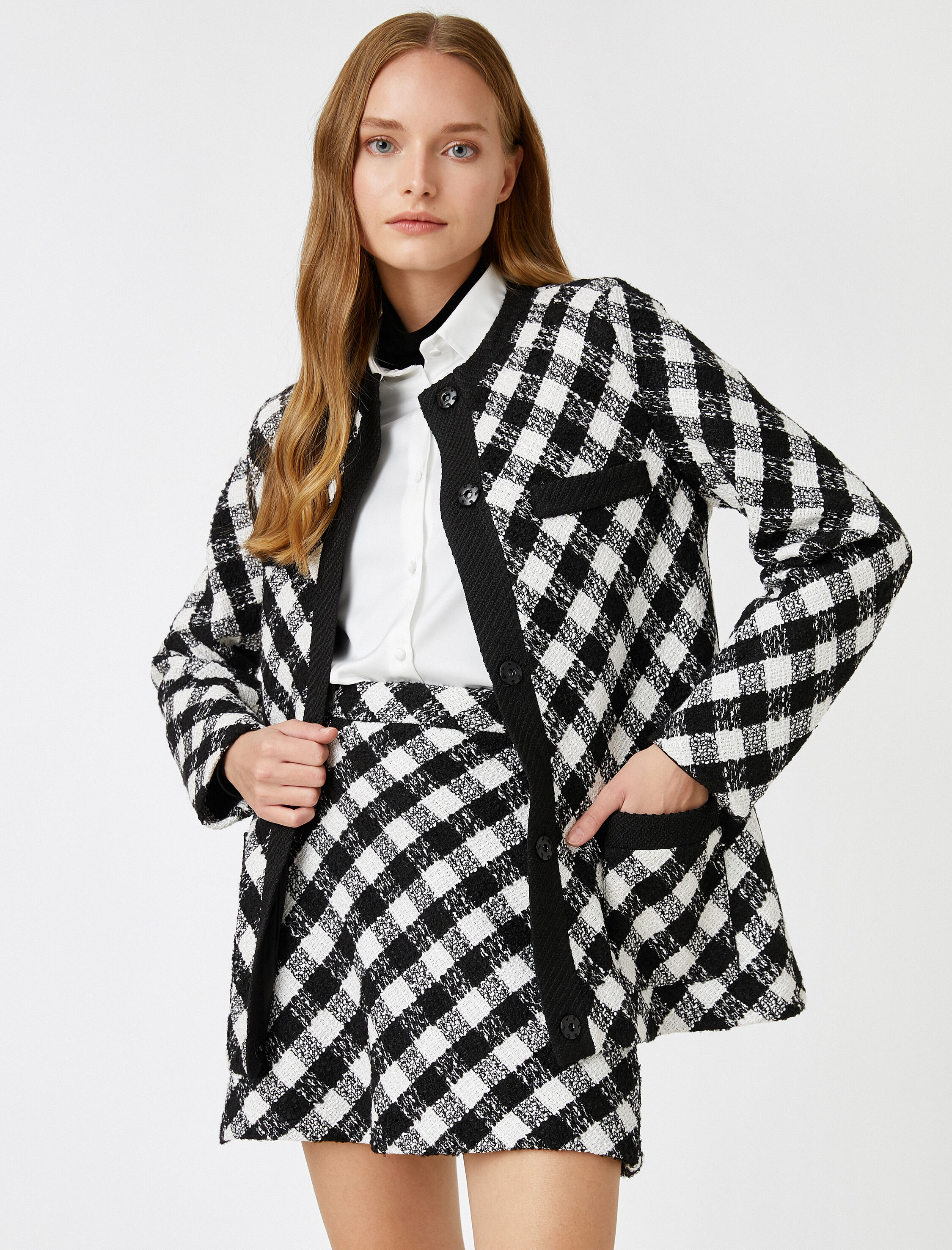   Düğmeli Cepli Ekose Ceket