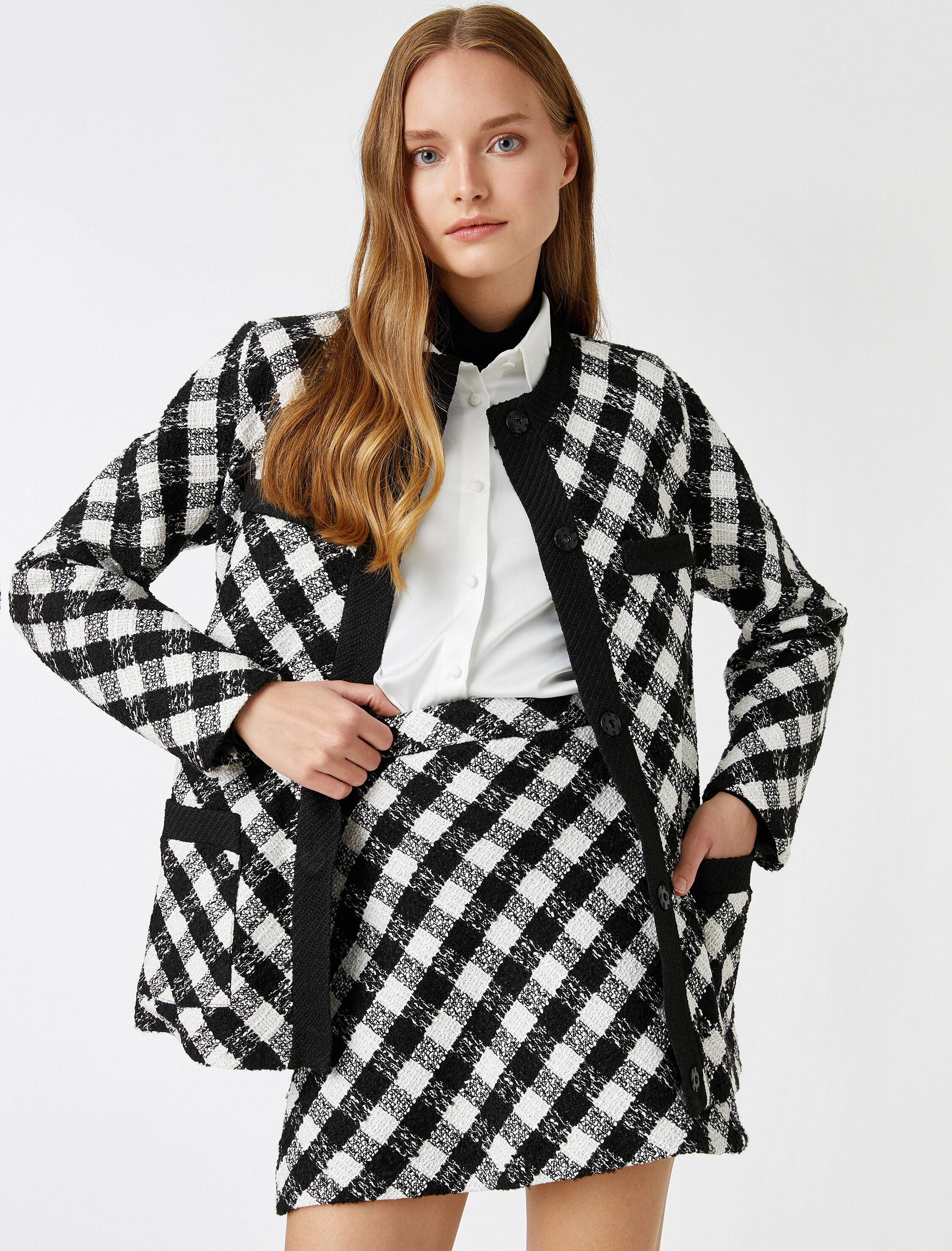   Düğmeli Cepli Ekose Ceket