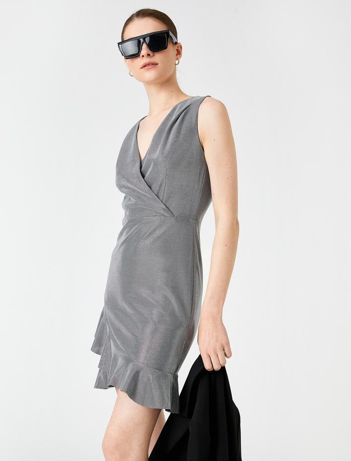  Simli Abiye Elbise Kruvaze Volanlı Kolsuz Mini