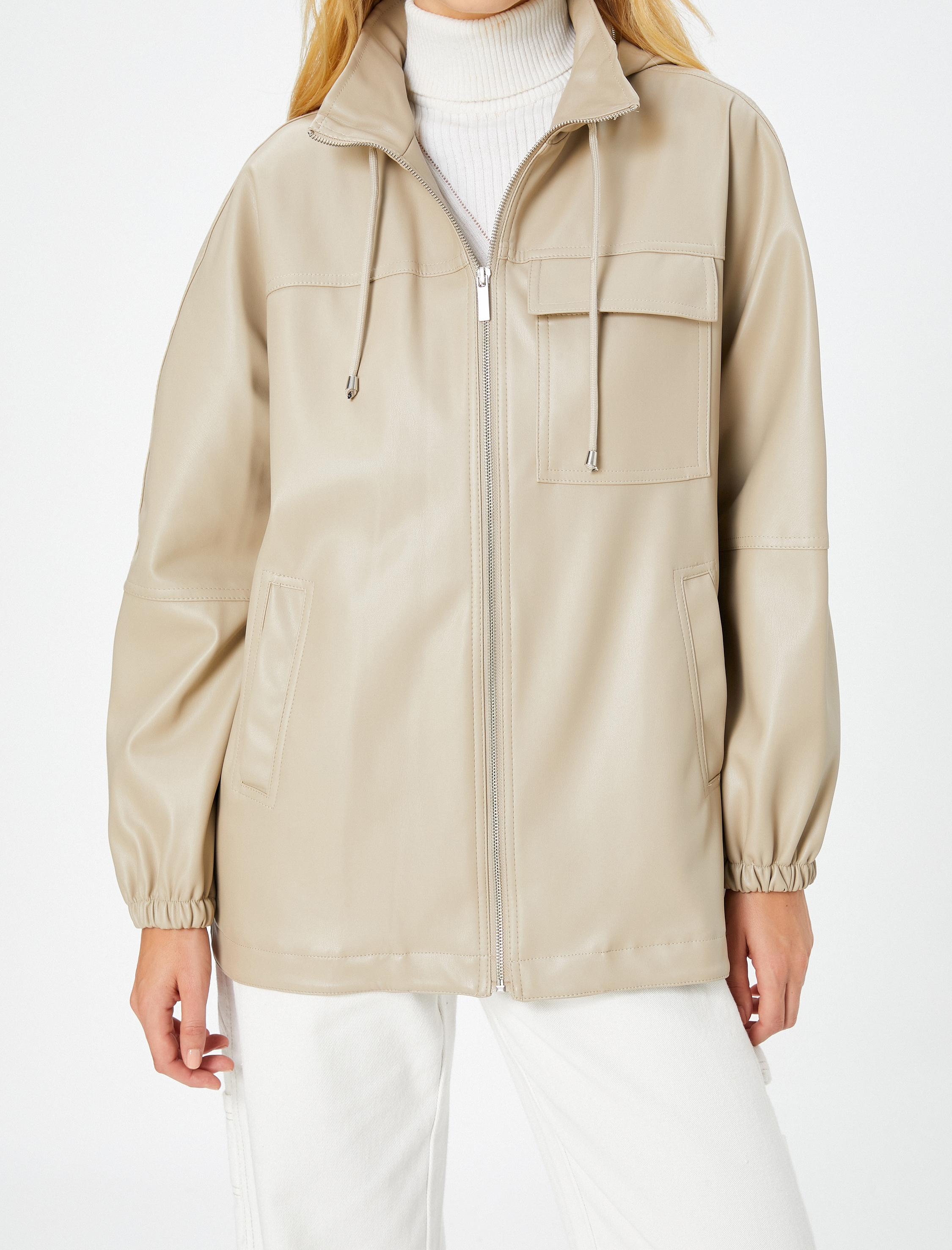   Suni Deri Yağmurluk Gizlenebilir Kapüşonlu