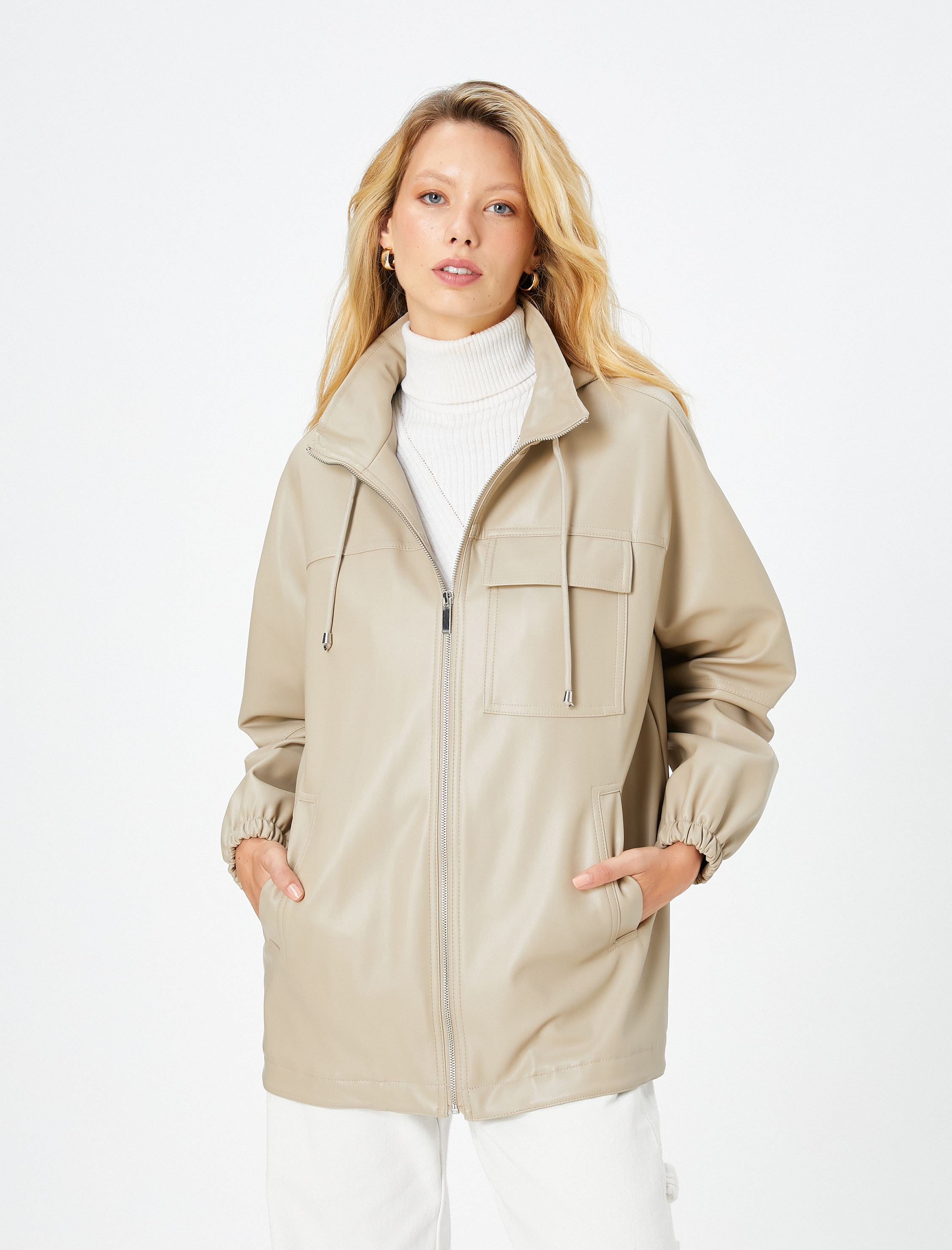   Suni Deri Yağmurluk Gizlenebilir Kapüşonlu