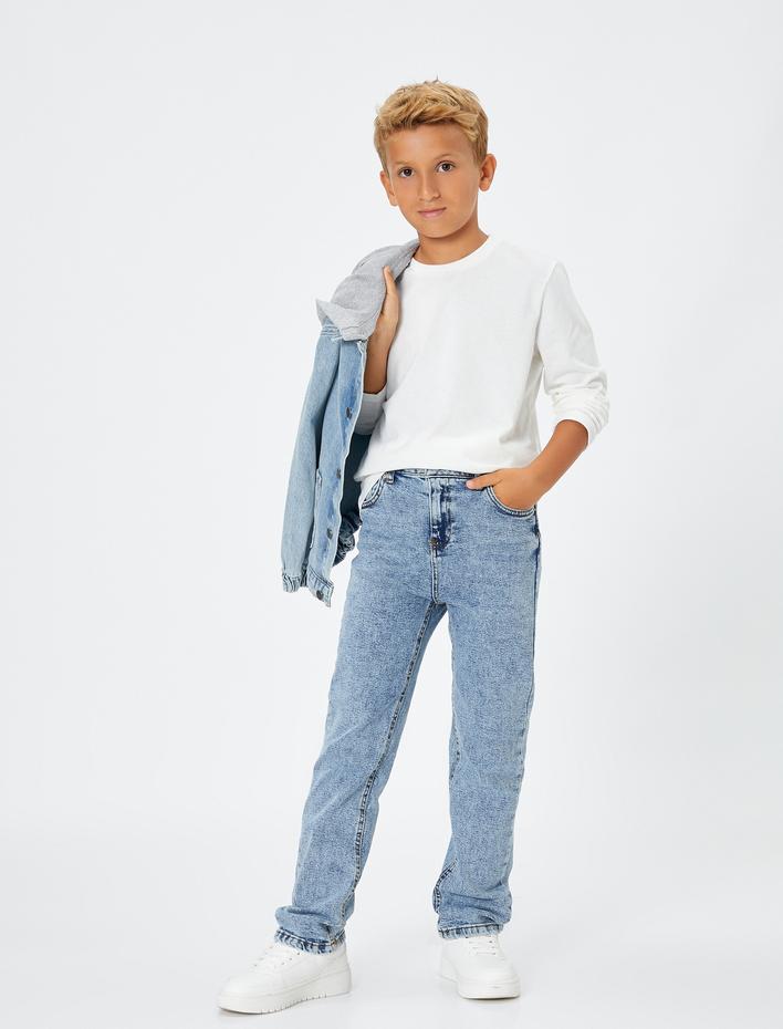 Erkek Çocuk Kot Pantolon Beli Ayarlanabilir Lastikli Dar Paça Pamuklu Cepli - Slim Jean