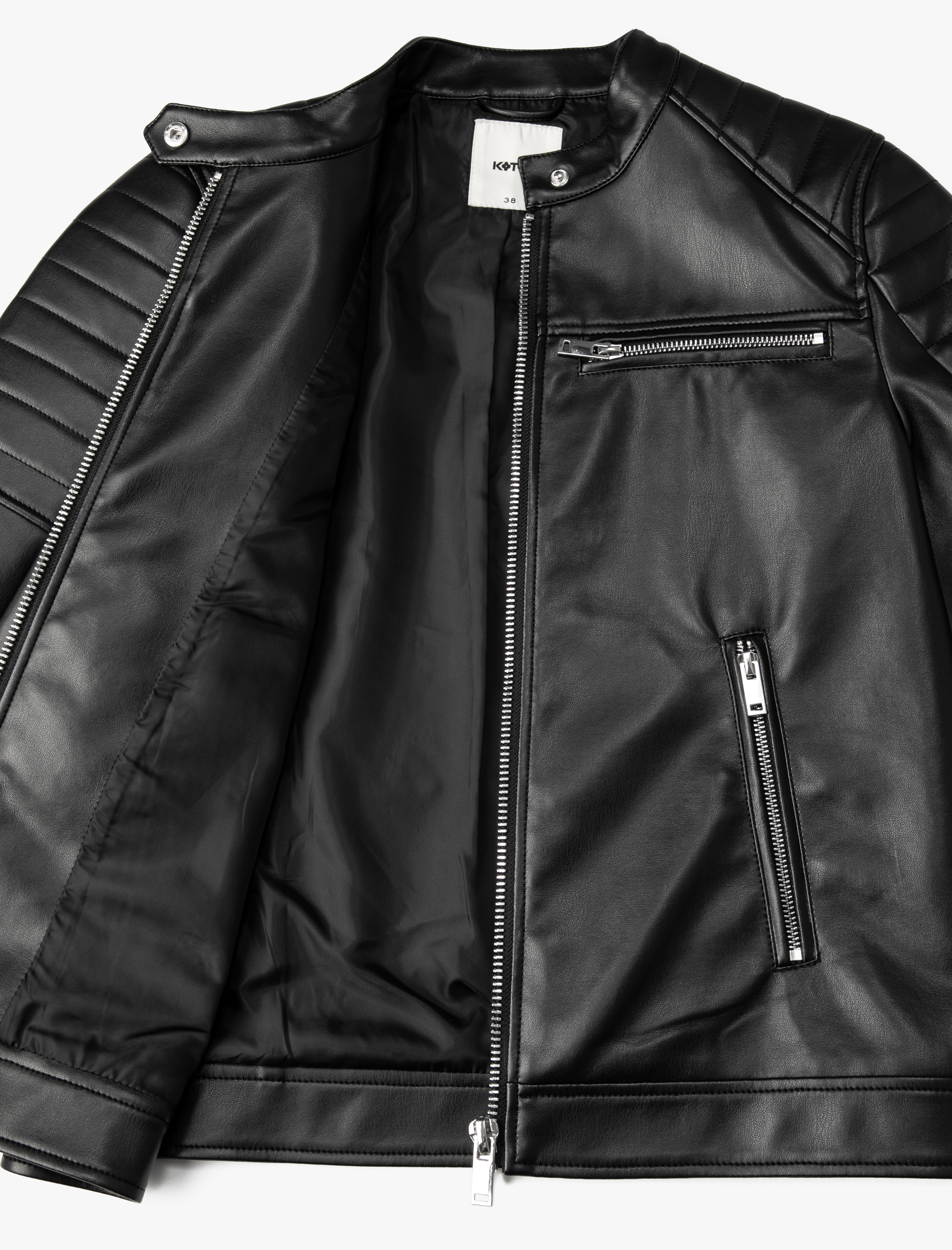   Suni Deri Ceket Fermuarlı Cep Detaylı Dik Yaka