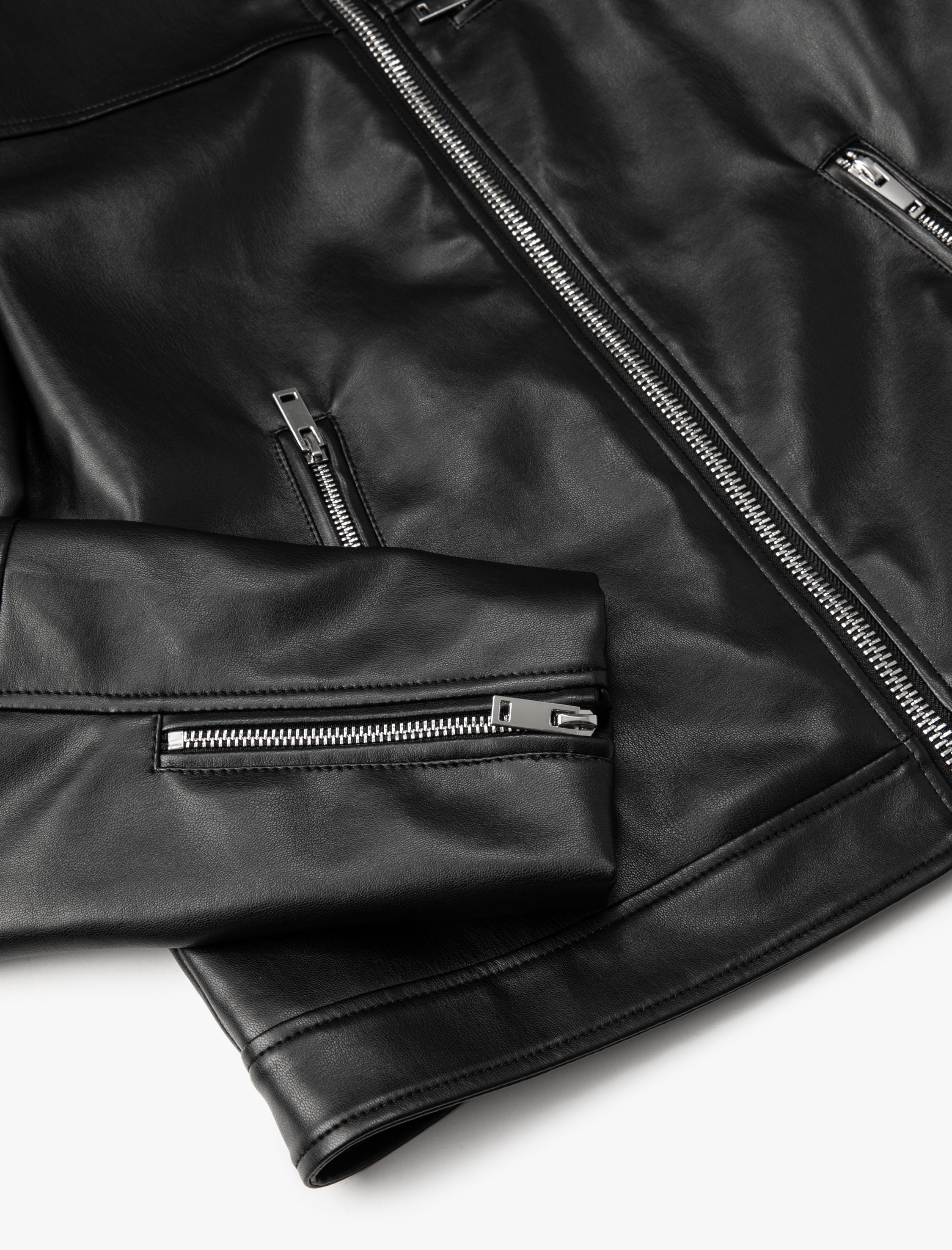   Suni Deri Ceket Fermuarlı Cep Detaylı Dik Yaka