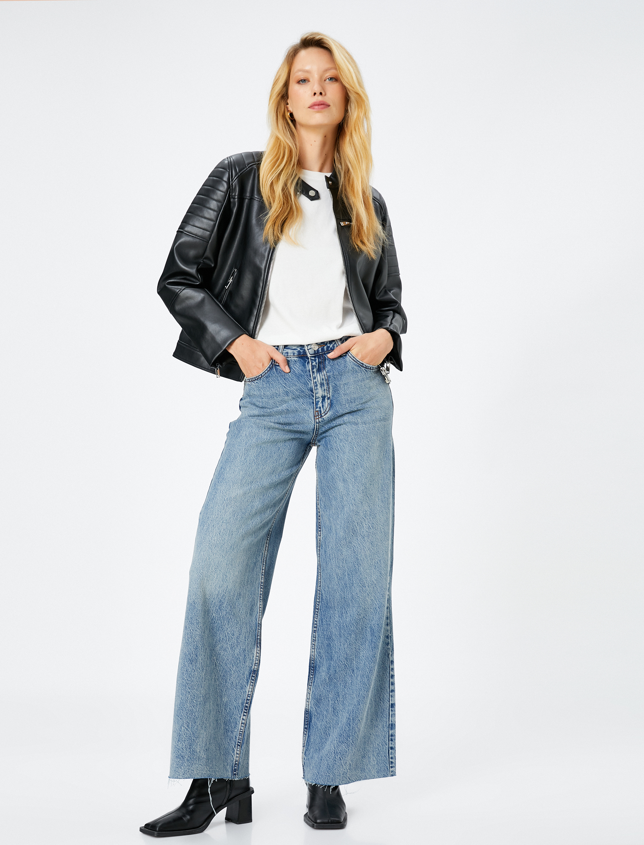   Suni Deri Ceket Fermuarlı Cep Detaylı Dik Yaka