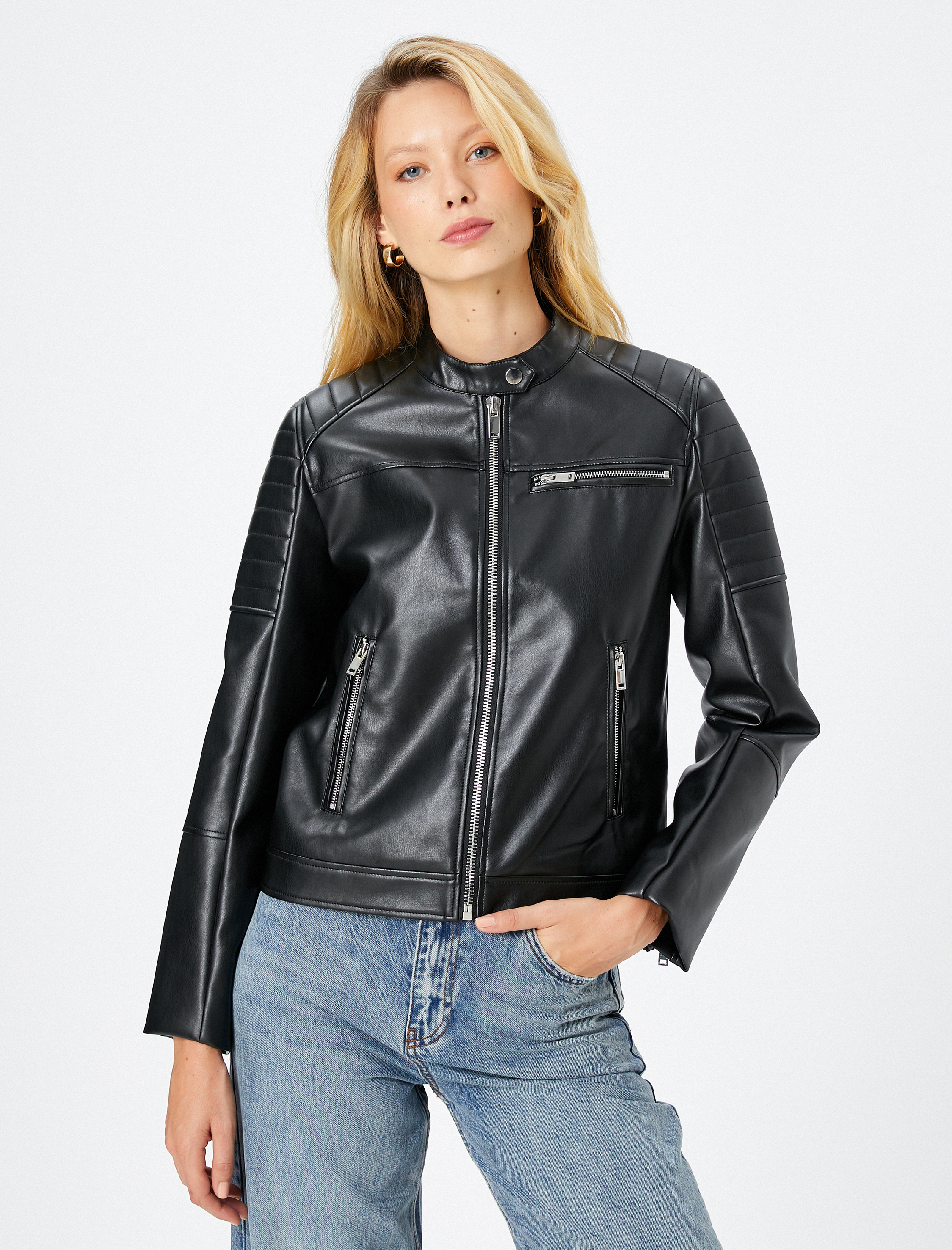   Suni Deri Ceket Fermuarlı Cep Detaylı Dik Yaka