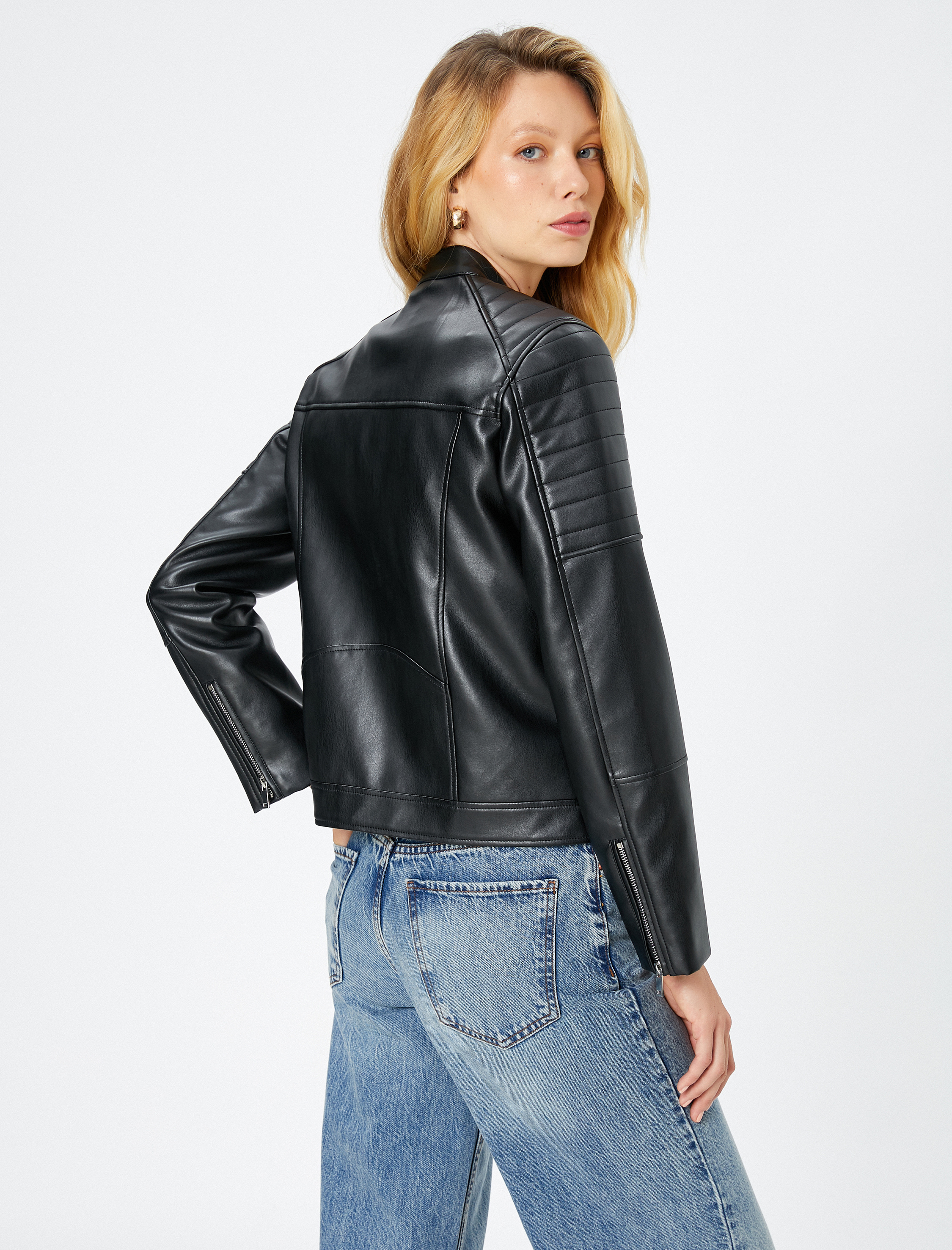   Suni Deri Ceket Fermuarlı Cep Detaylı Dik Yaka