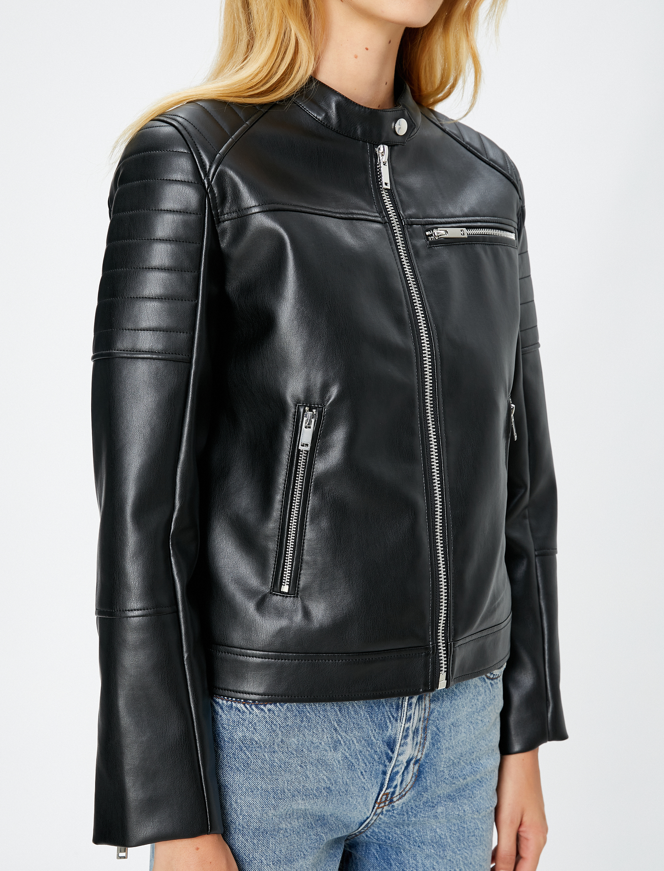   Suni Deri Ceket Fermuarlı Cep Detaylı Dik Yaka