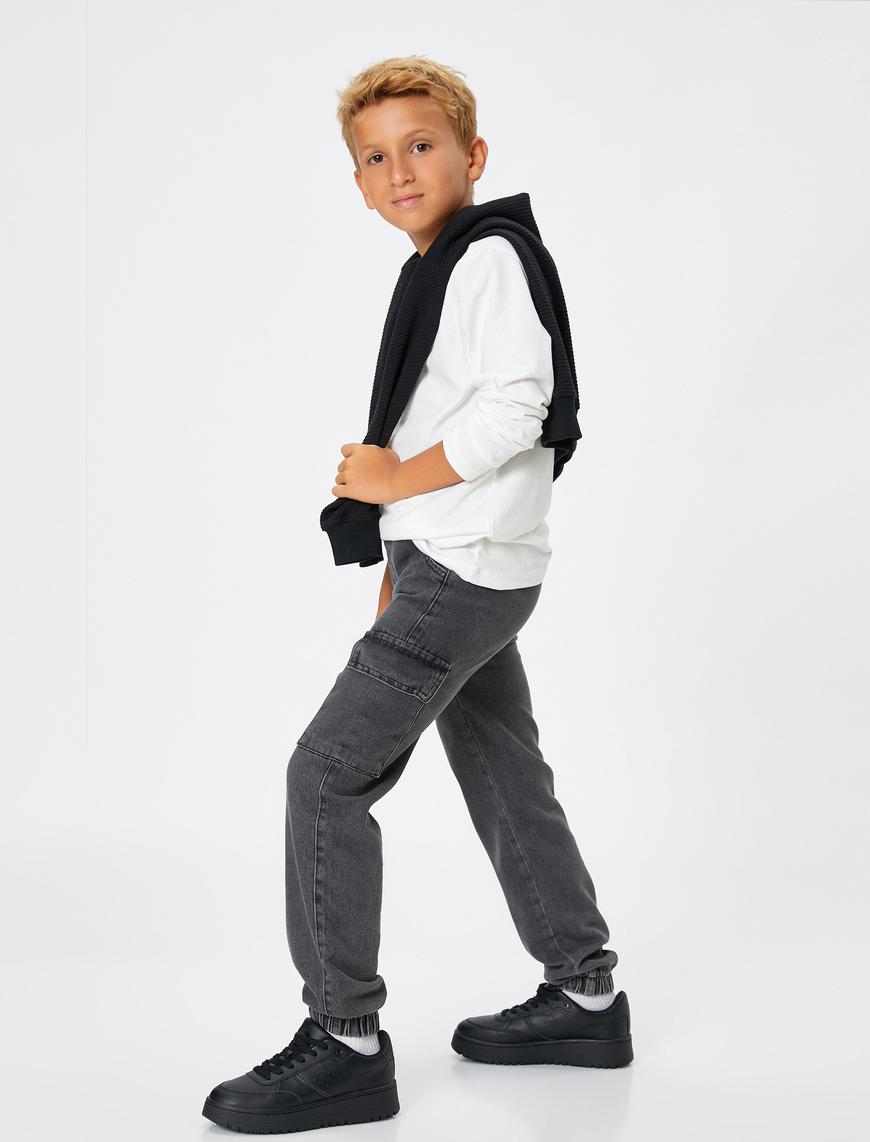  Erkek Çocuk Kot Pantolon Beli Lastikli Cepli  - Jogger Jean