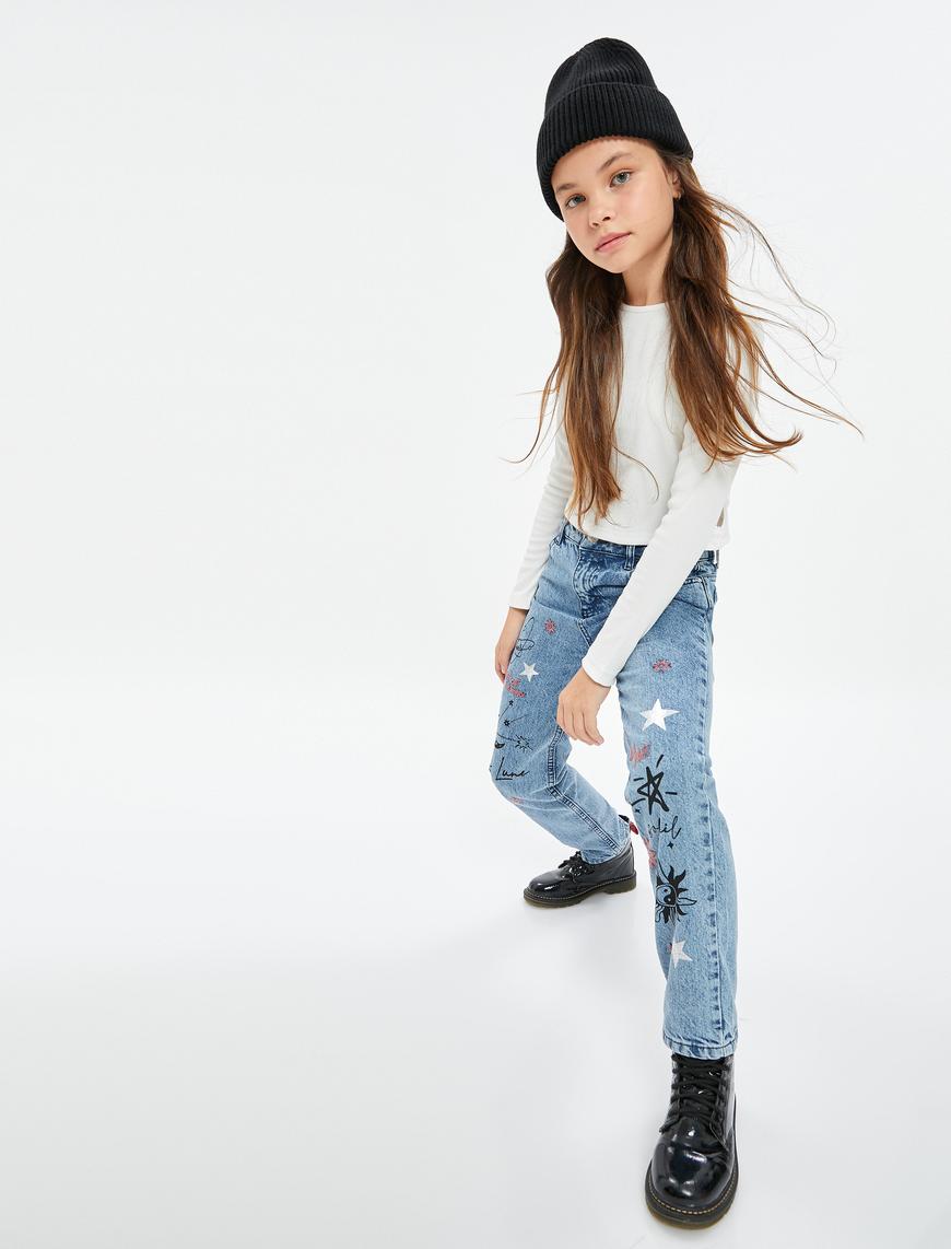  Kız Çocuk Kot Pantolon Rahat Kesim Baskı Detaylı Pamuklu Beli Ayarlanabilir Lastikli - Mom Jean