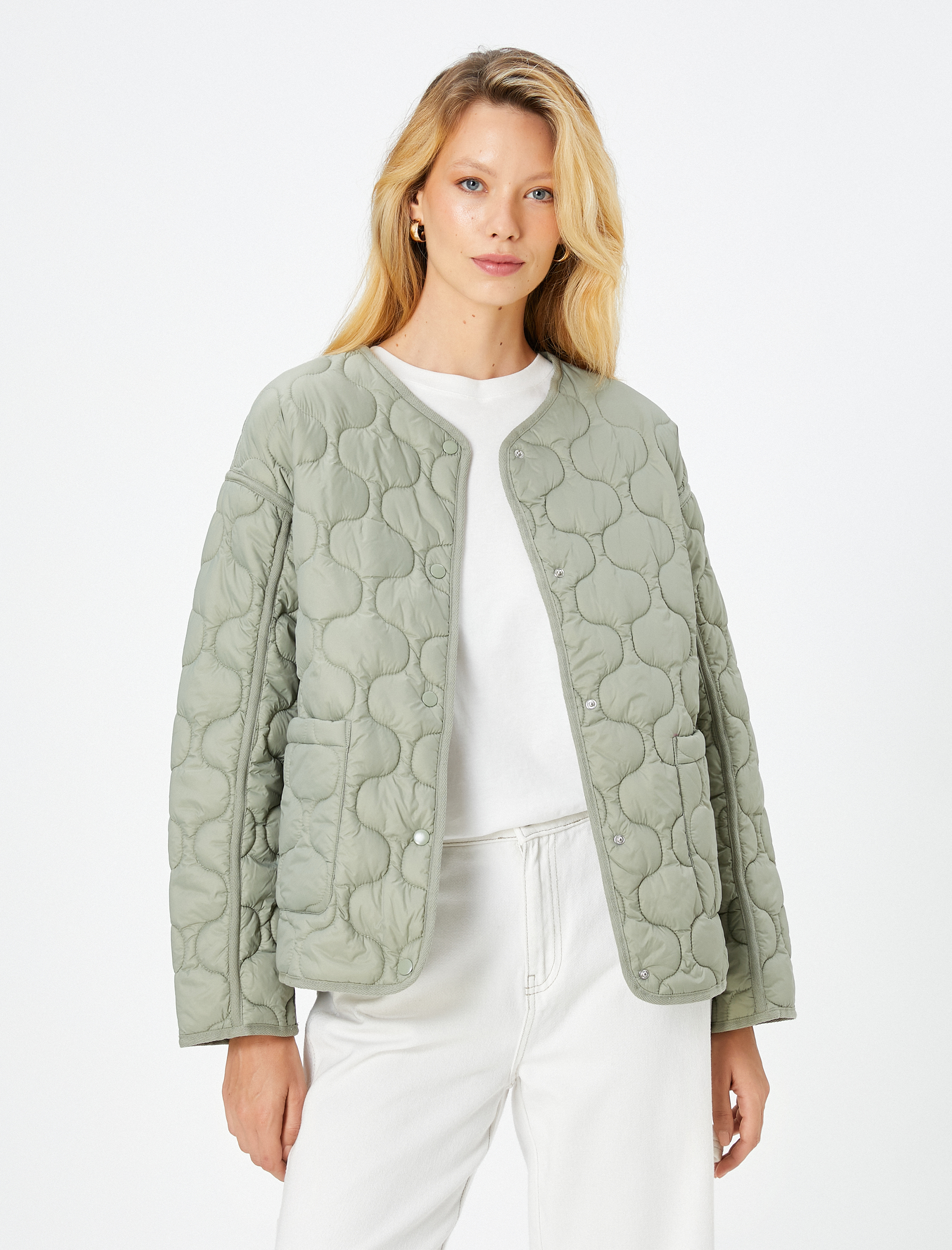   Kapitone Ceket Cep Detaylı Çıtçıt Düğmeli