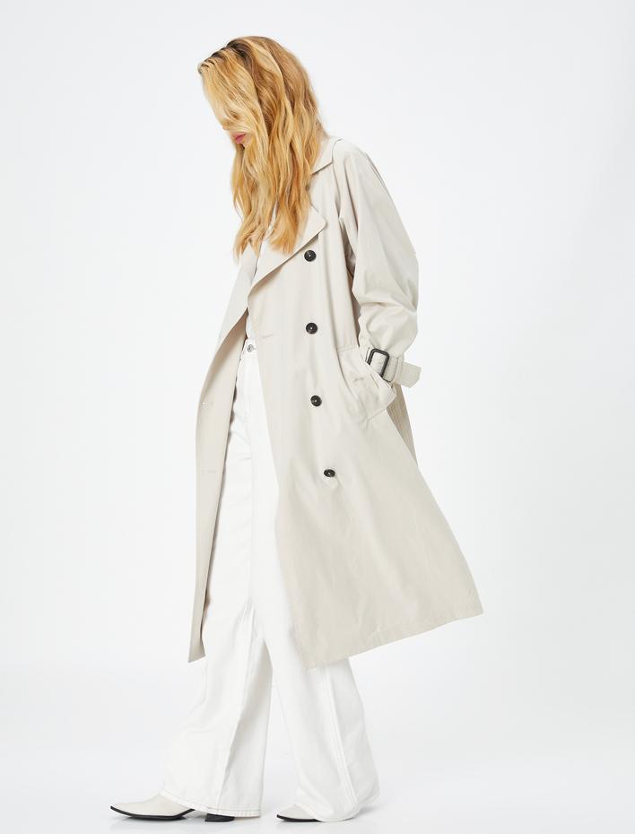  Midi Trençkot Düğmeli Kruvaze Yaka Kemerli Cepli Yırtmaçlı