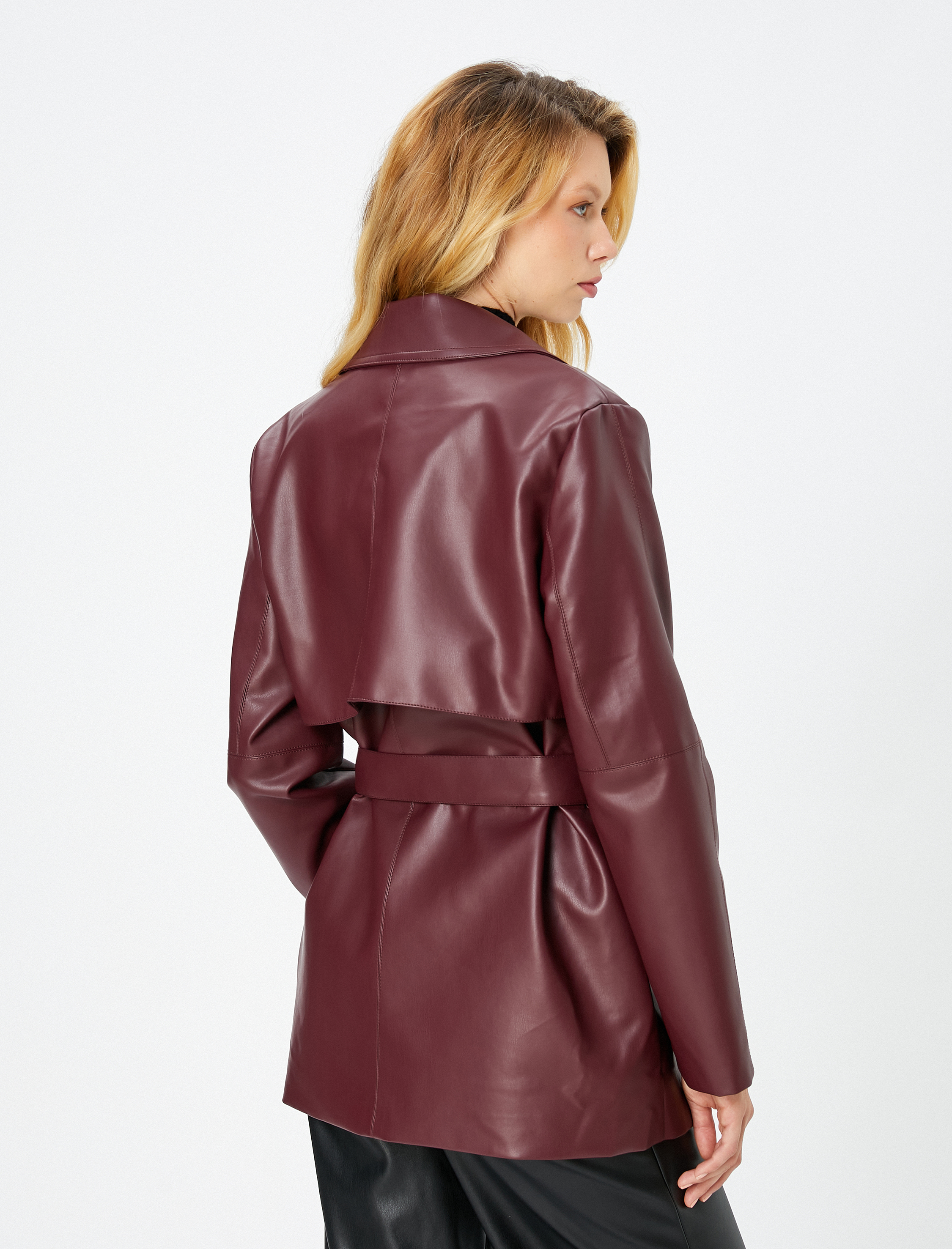   Suni Deri Trençkot Kuşaklı Cepli Kruvaze