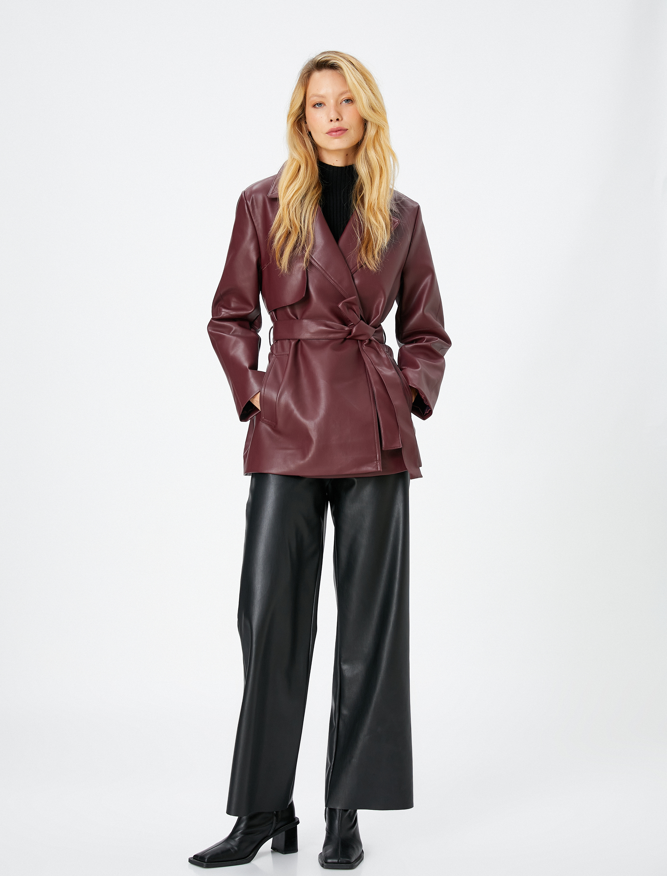   Suni Deri Trençkot Kuşaklı Cepli Kruvaze