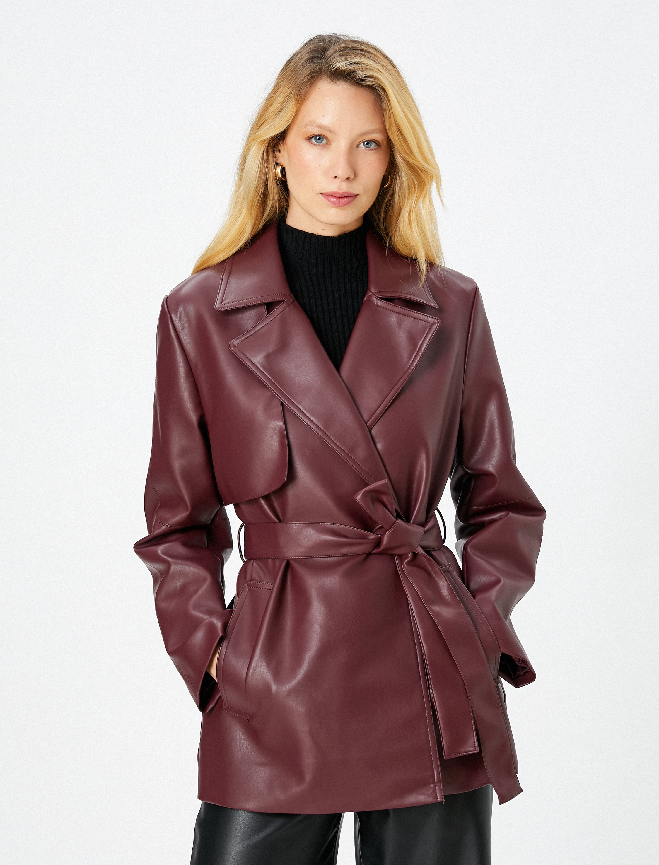   Suni Deri Trençkot Kuşaklı Cepli Kruvaze