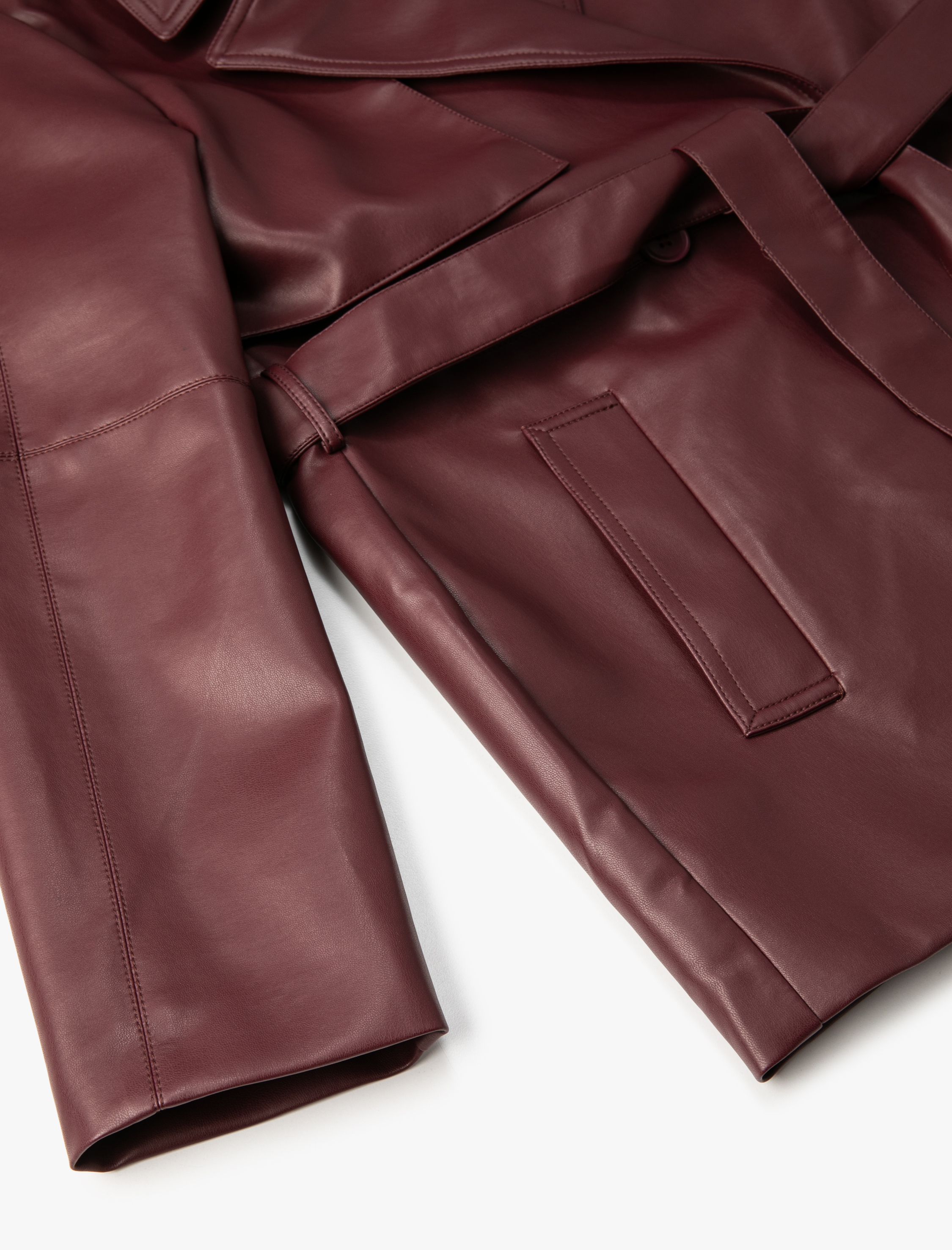   Suni Deri Trençkot Kuşaklı Cepli Kruvaze