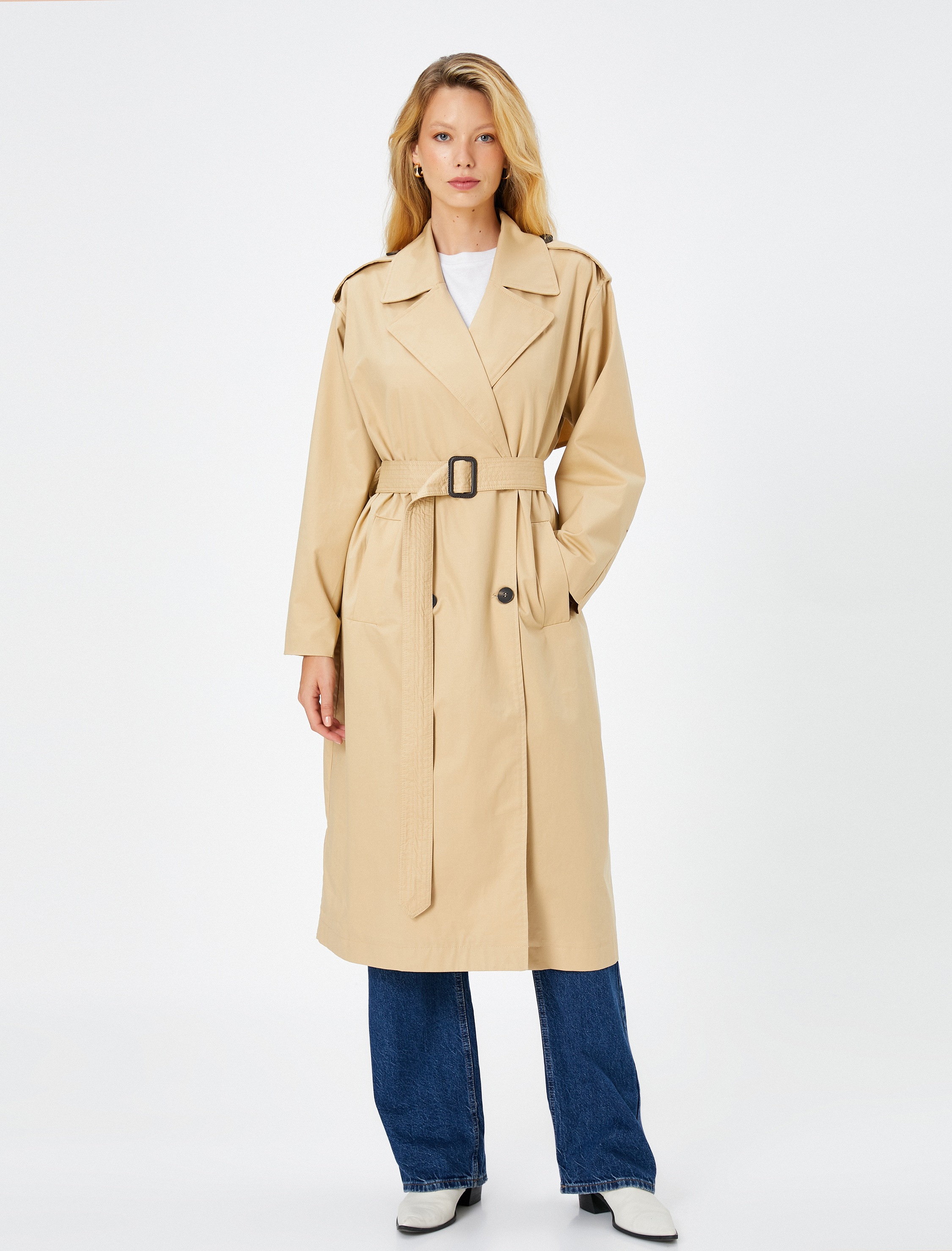   Trençkot Midi Boy Kuşaklı Cep Detaylı Düğmeli