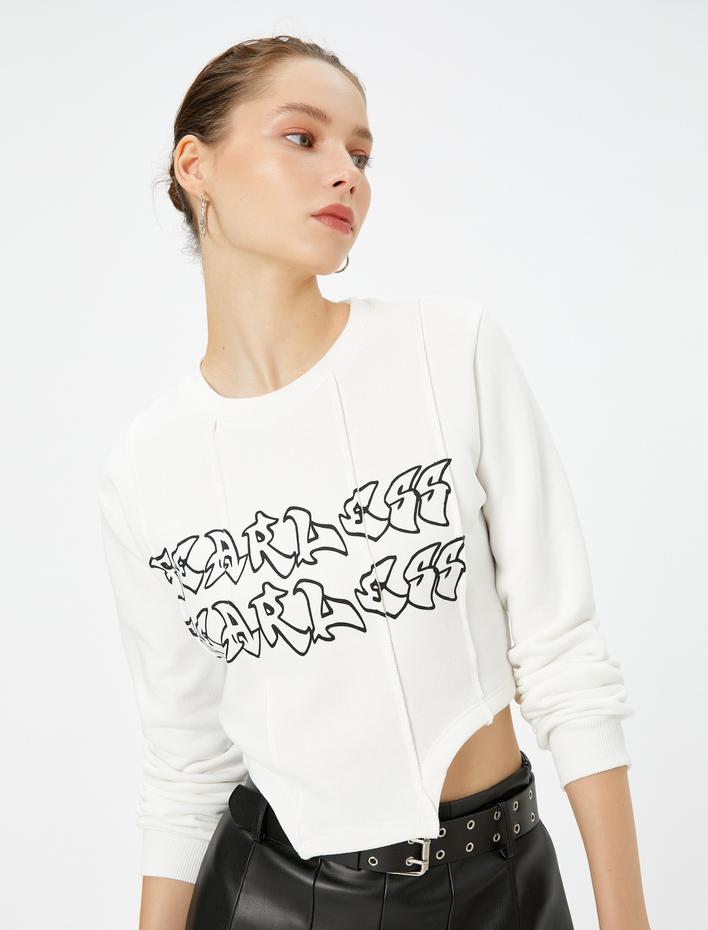  Crop Asimetrik Kesim Sweatshirt Şardonlu Korse Detaylı Baskılı