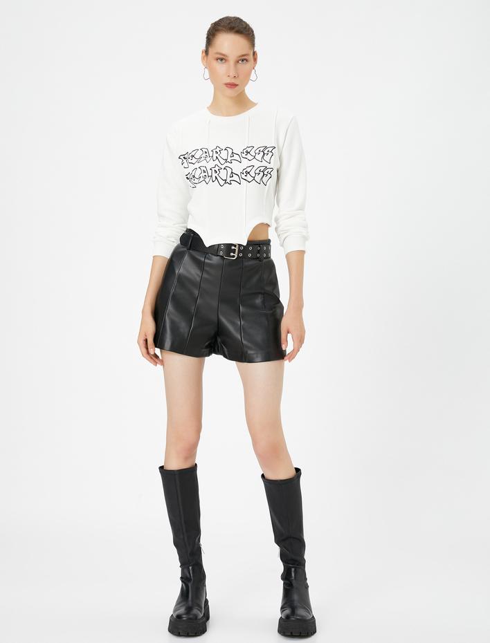  Crop Asimetrik Kesim Sweatshirt Şardonlu Korse Detaylı Baskılı