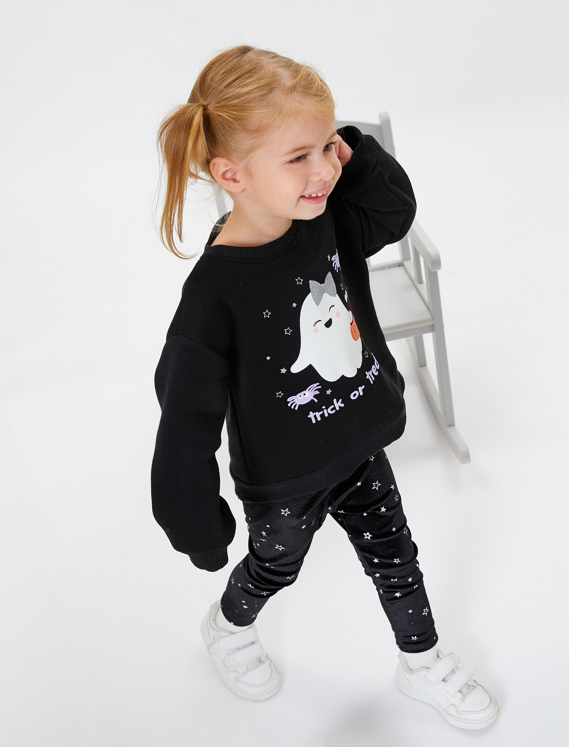  Kız Bebek Sweatshirt Uzun Kollu Baskı Detaylı Bisiklet Yaka Şardonlu